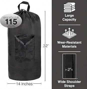 Trailmaker Laundry Bag Backpack for College Dorm, 115L Washable Laundry Hamper Bag, 32 x 14 Inch with Shoulder Straps, Mesh Pocket, Drawstring Closure for Apartment, Laundromat, Travel (Black)