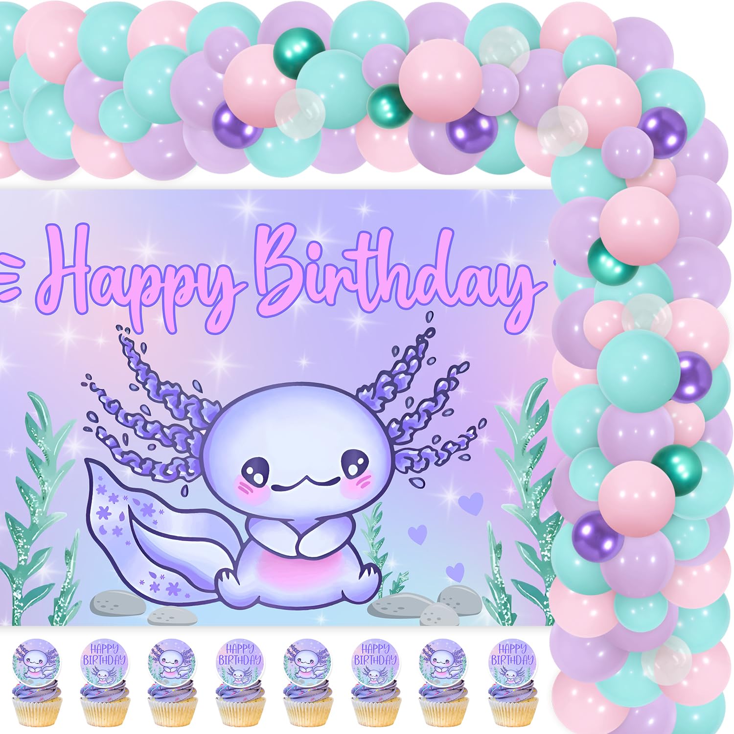 Axolotl Theme Birthday Party Decorations Purple Balloon Garland Arch Kit Axolotl Theme Happy Birthday Photograph Background Cupcake Toppers for Boys