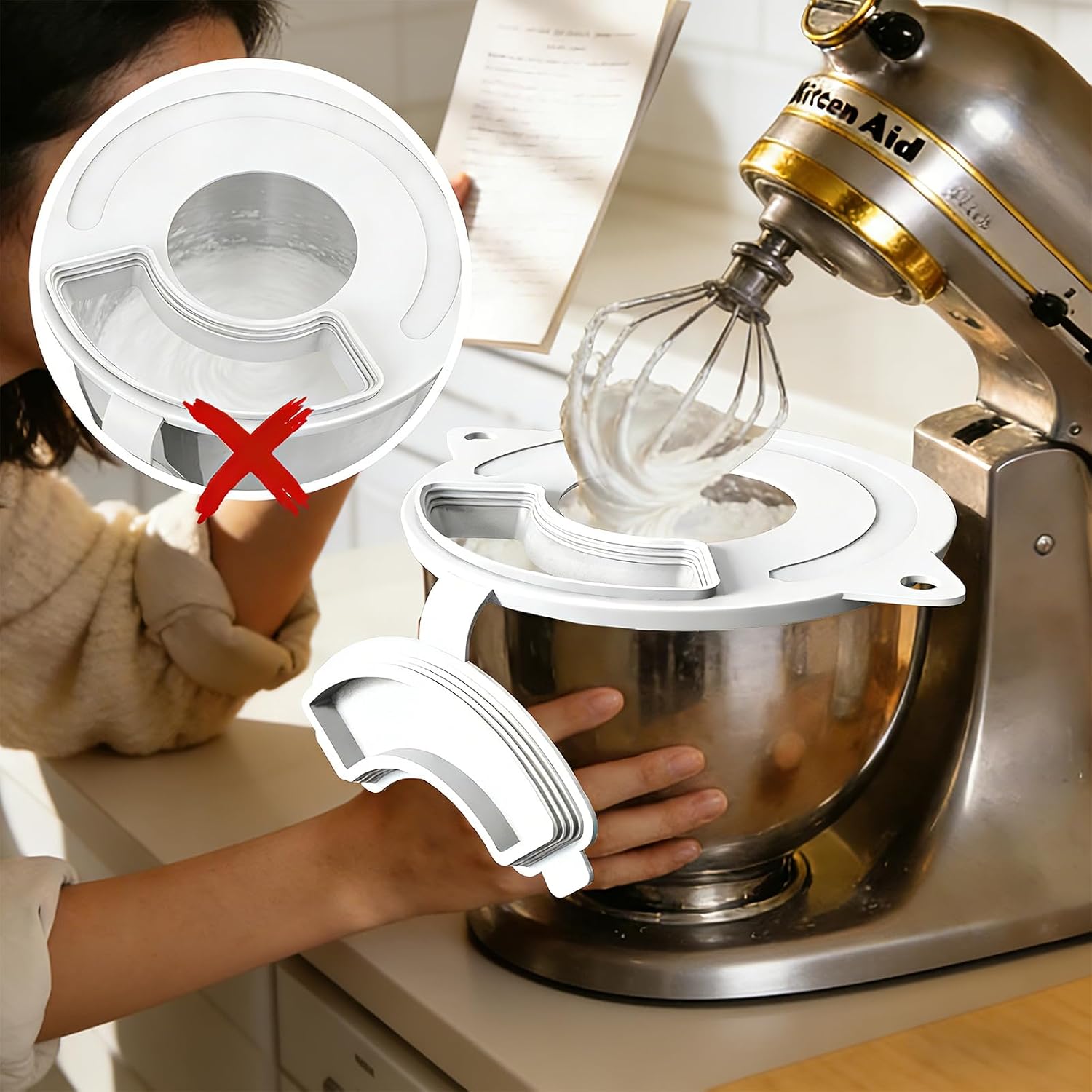 Flour Funnel for KitchenAid Stand Mixers, Suitable for 4.5–5 Quart Mixers, Includes a Splash Guard, Measuring Cup, and Funnel. Compatible with KSM150. Silicone Baking Accessory, Dishwasher Safe.