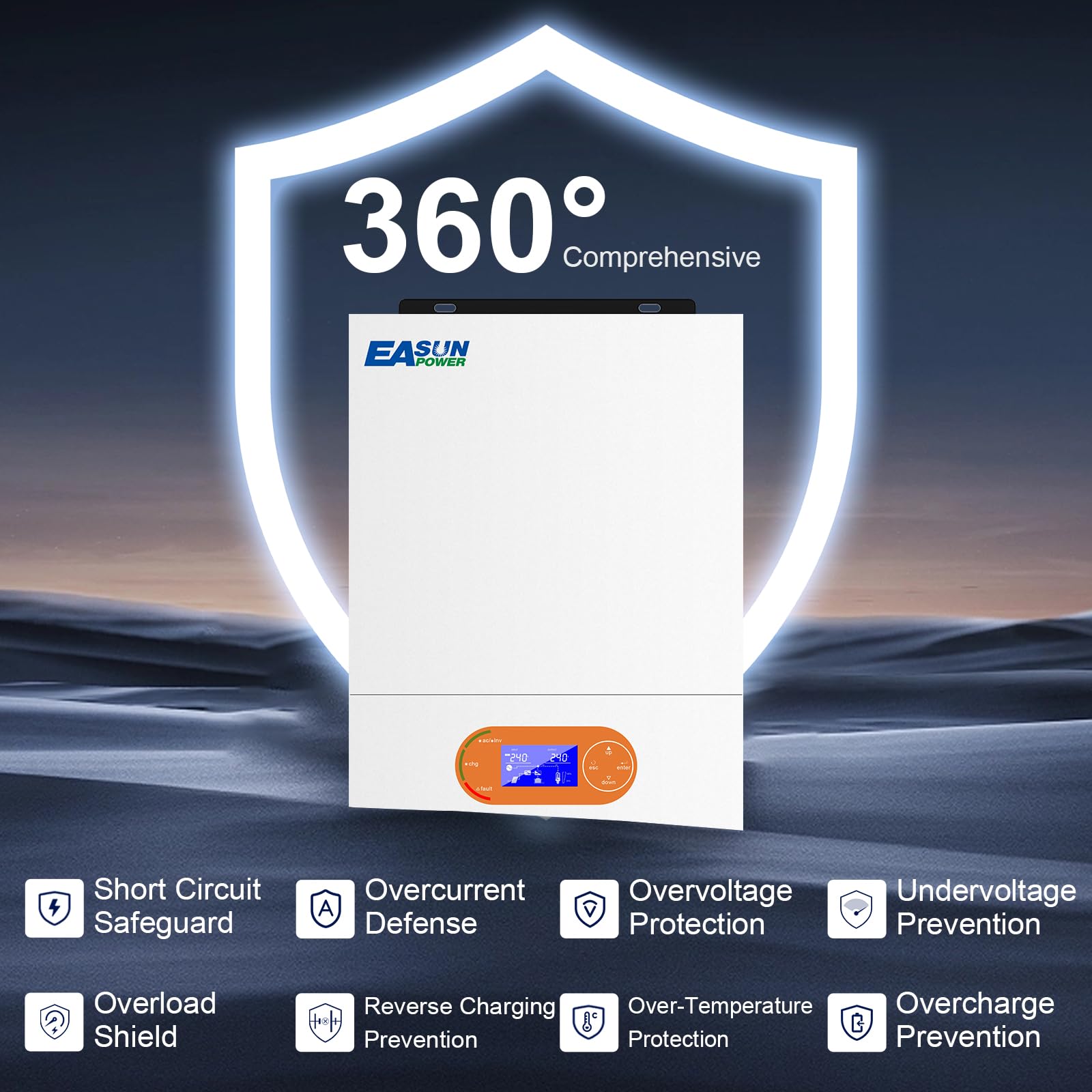 POWLAND 4000W 24V Inverter ibrido da inverter sinusoidale puro off-grid (WiFi incorporato) Controllori solari MPPT da 120A integrati, ingresso/uscita AC240V