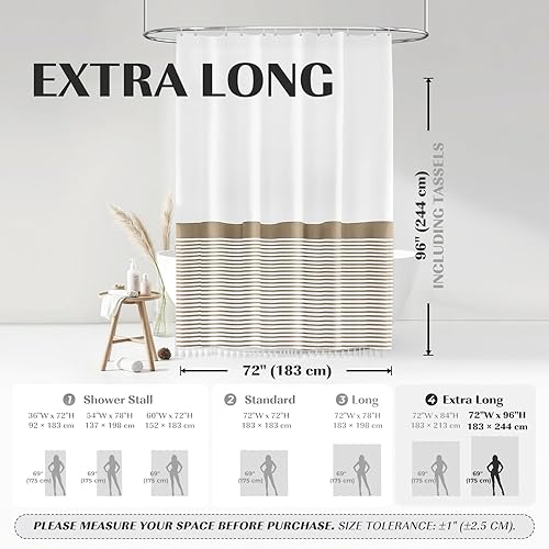 Miniatura 7 de Seasonwood Cortina de ducha bohemia con borla, 96 pulgadas extra larga negra y blanca a rayas para baño, 72 x 96 pulgadas