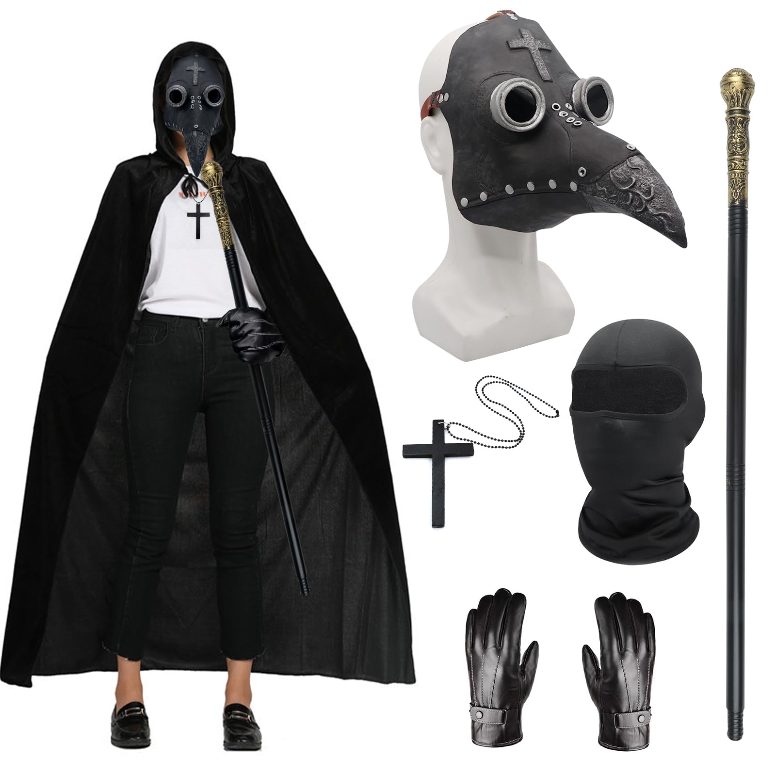 Halloween Cosplay Costume Set, Long Nose Bird Beak Steampunk Mask with Black Hooded Cloak, Cross Necklace, Leather Gloves, Cane, Full Face Mask for Halloween Masquerade Party Costume Props