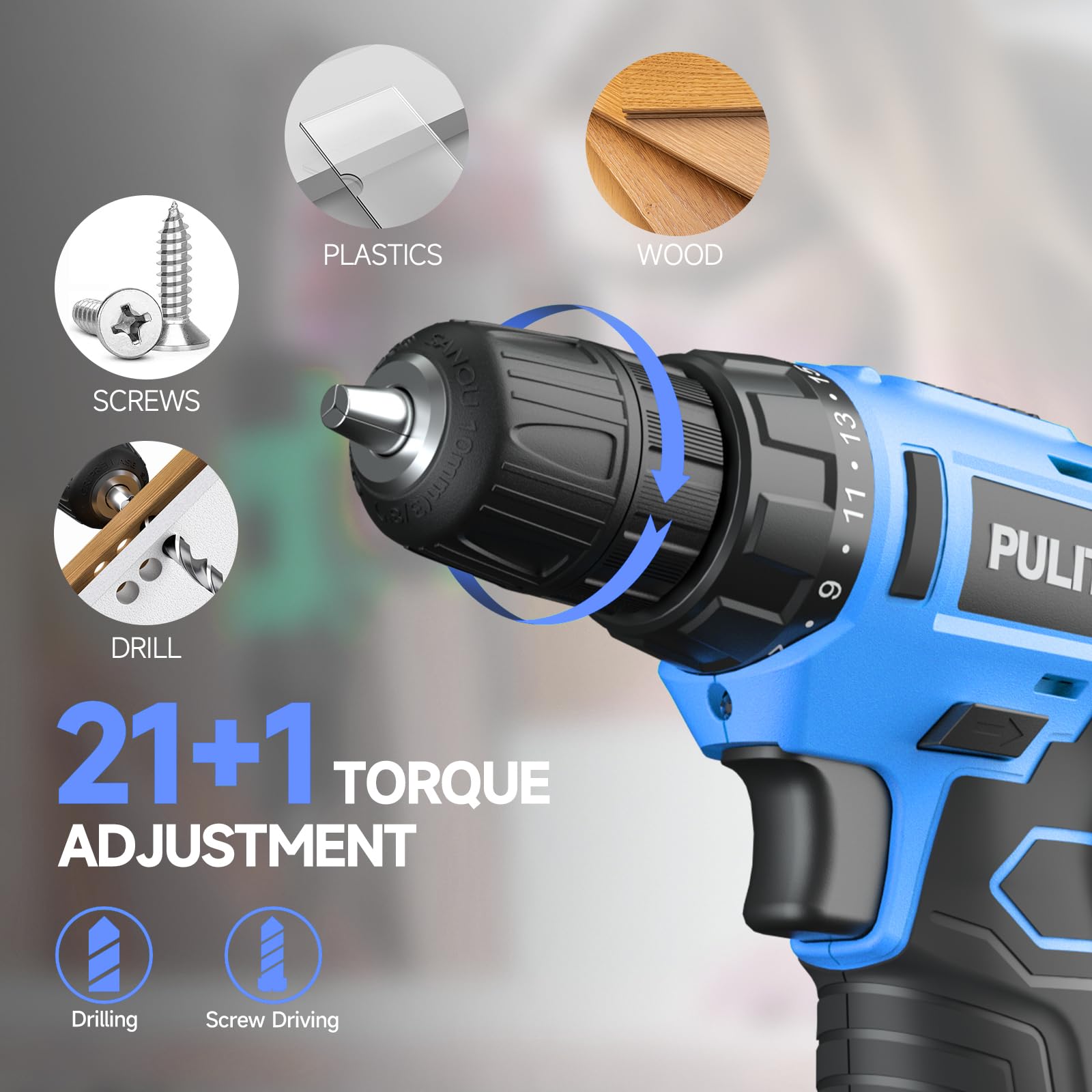 PULITUO 12V Blue Cordless Drill Set - Power Drill Kit with Battery and Charger, 3/8-Inch Keyless Chuck, Built-in LED, 21+1 Torque Setting