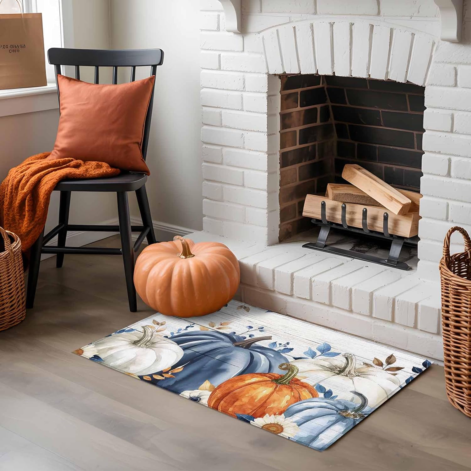 Fall Decorations for Home, Pumpkin Front Door Mat Indoor Entrance, Eucalyptus Leaf Non Slip Doormat Thanksgiving Wooden Grain Orange Absorbent Mats Washable Low Profile Rugs for Entryway, 16''x24''