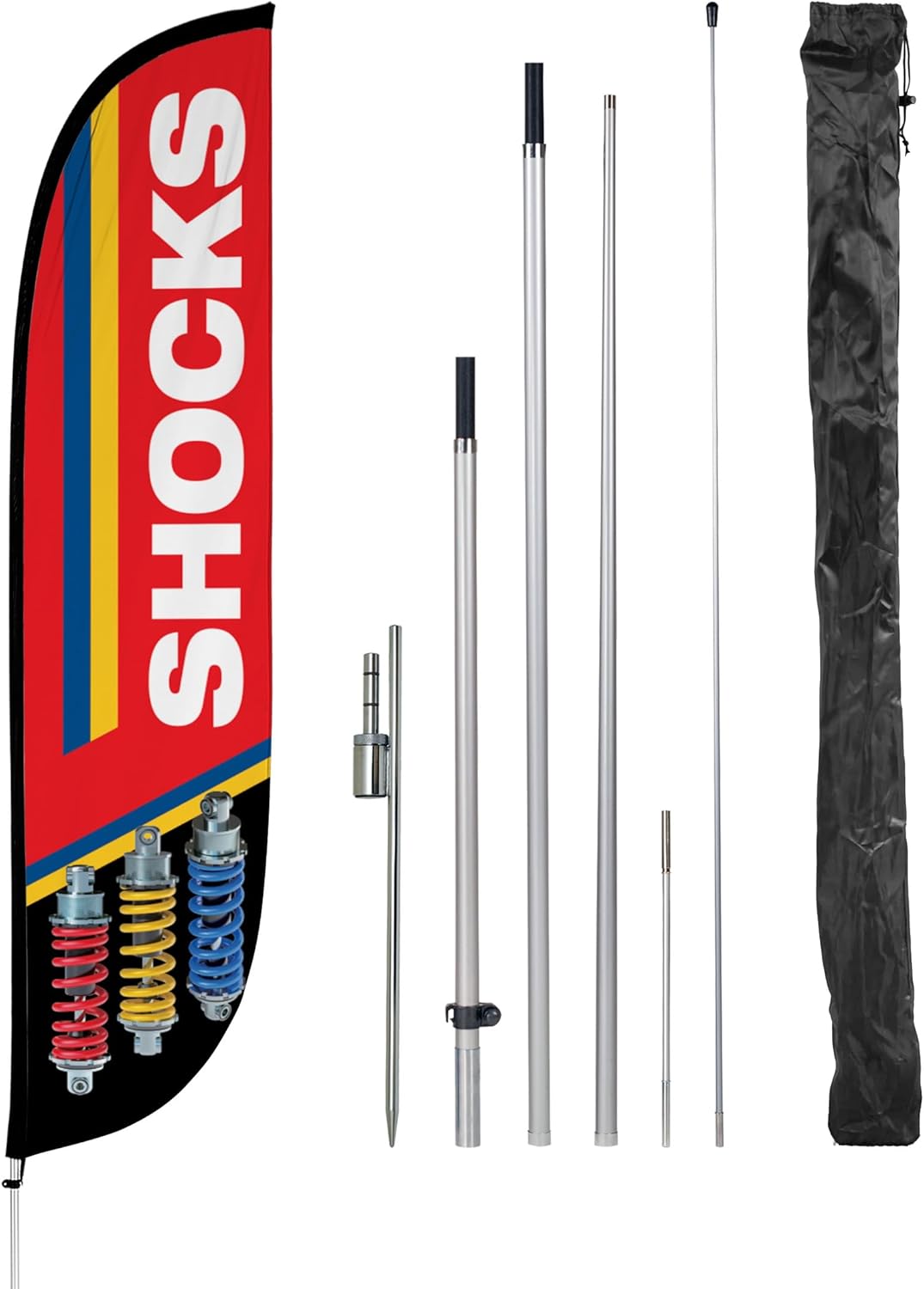 LookOurWay Feather Flag Pole Kit - 12 Feet Tall Advertising Flag Banner with Fiberglass Pole Kit and Ground Spike for Business Promotion - Auto Repair Flag - Shocks - Red & White