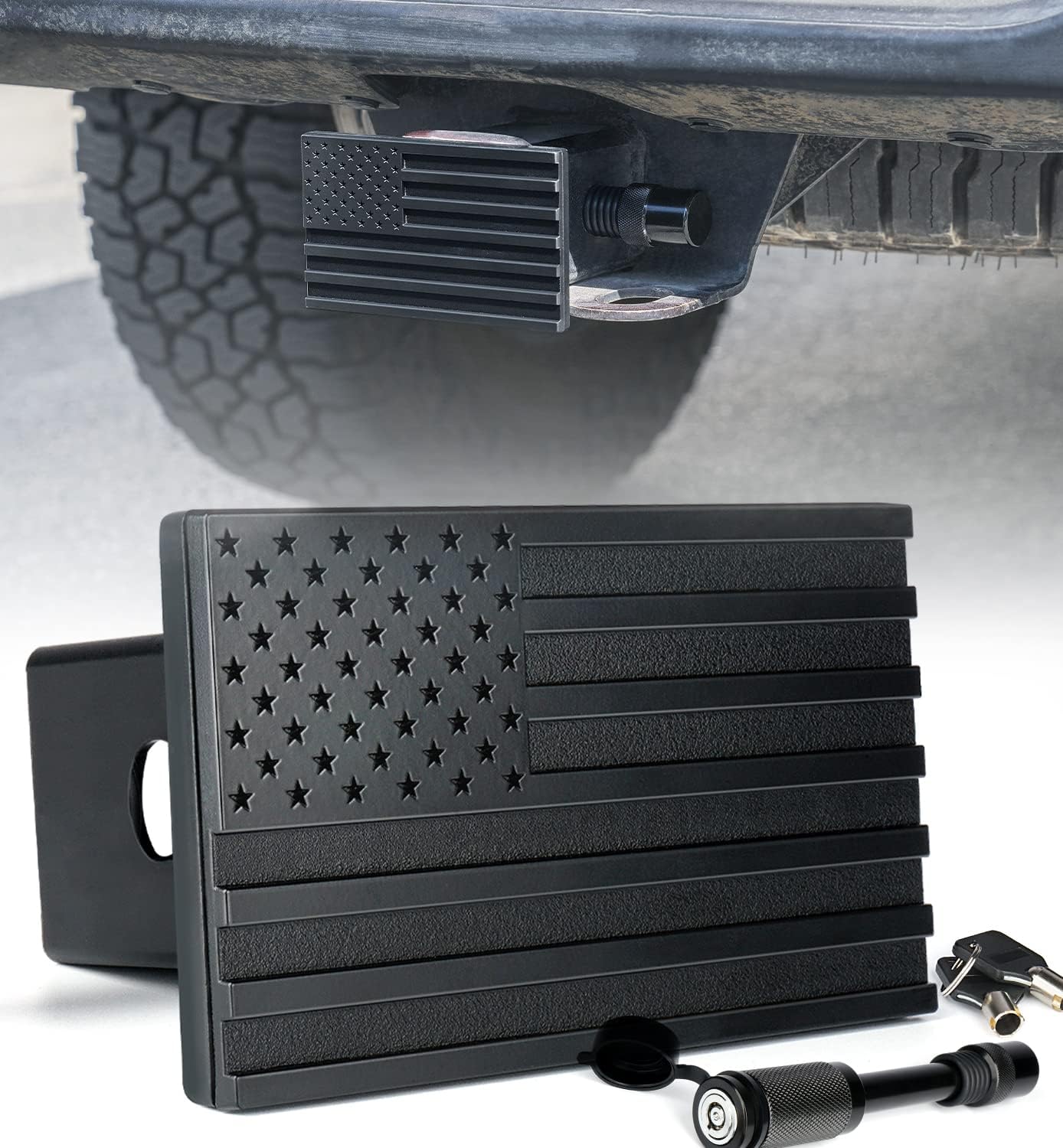 Xprite Aluminum Trailer Hitch Cover, Heavy Duty 2" Inch Tow Hitch Receivers Plug Cover with Pin Locks, American Flag Metal Emblem, Compatible with Pickup, SUV, Jeep, Cars, Trucks Accessories (Black)