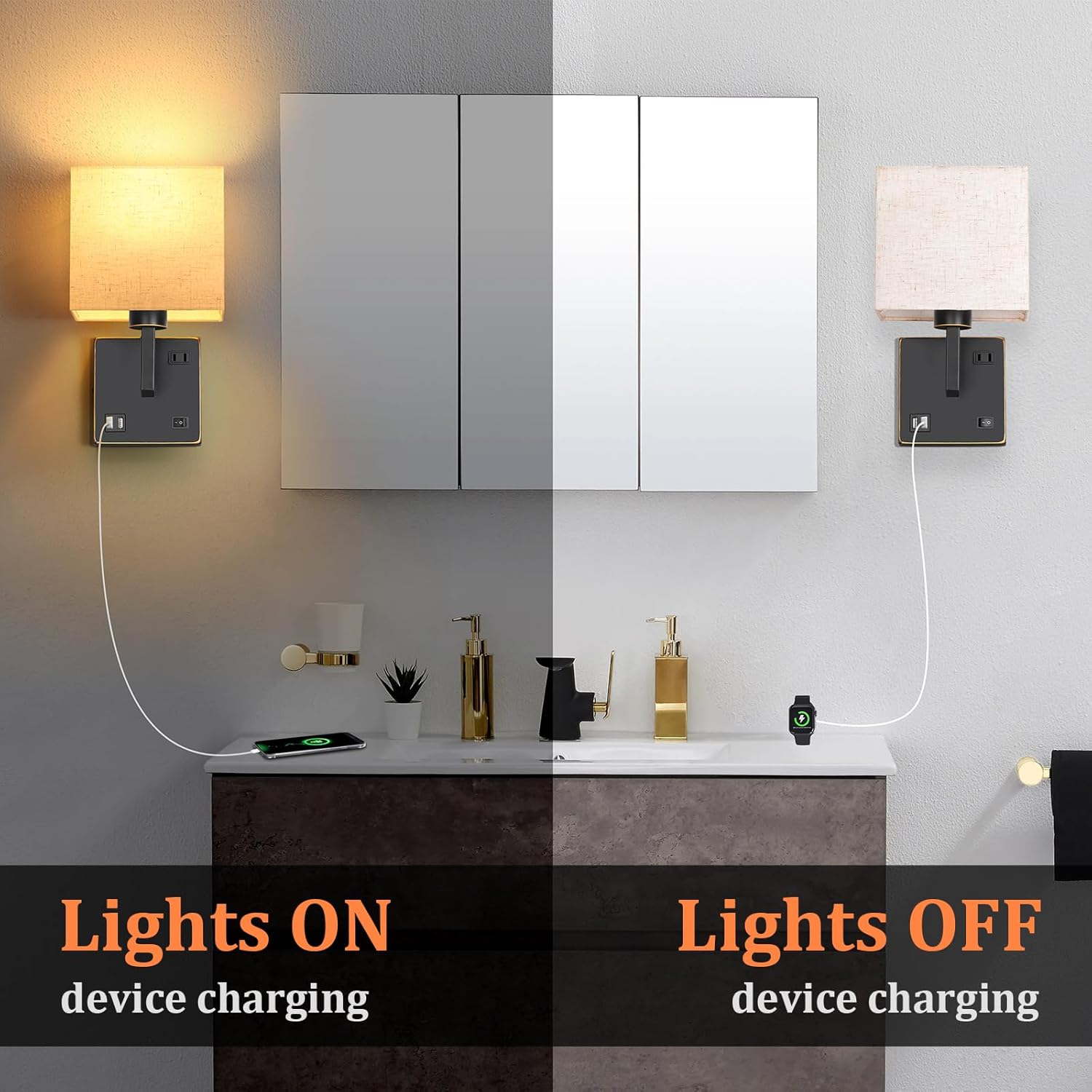 AVV Wall Sconce Lighting, Bedside Wall Mount Light with USB Port, AC Outlet and 3 Color 2700K/4000K/5000K Selectable, Fabric Linen Shade, Wall Lamps for Bedroom Living Room Hotel, Hardwire, Black, 2PK