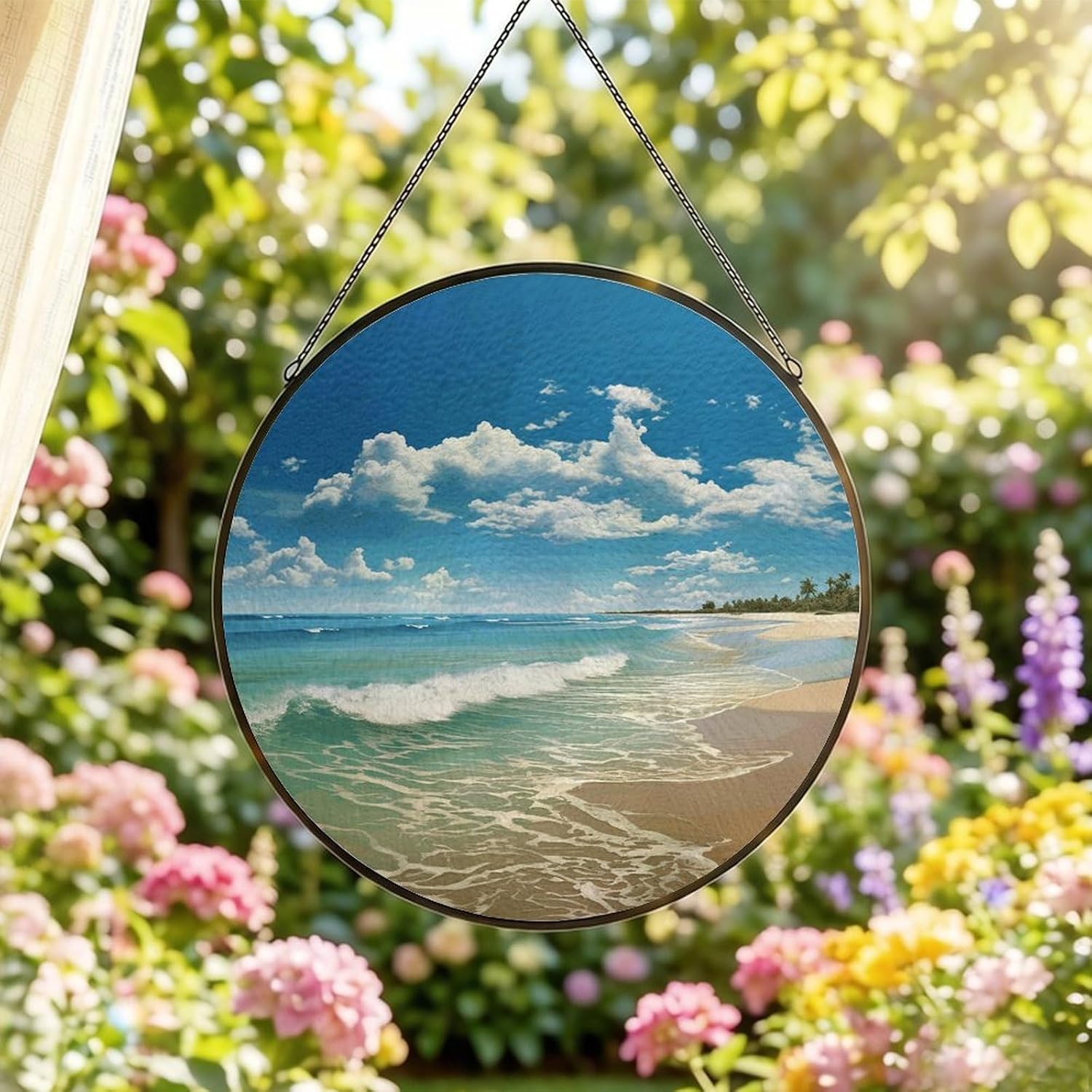 30x30cm Round Stained Glass Suncatcher for Window Hanging Decor with Chain