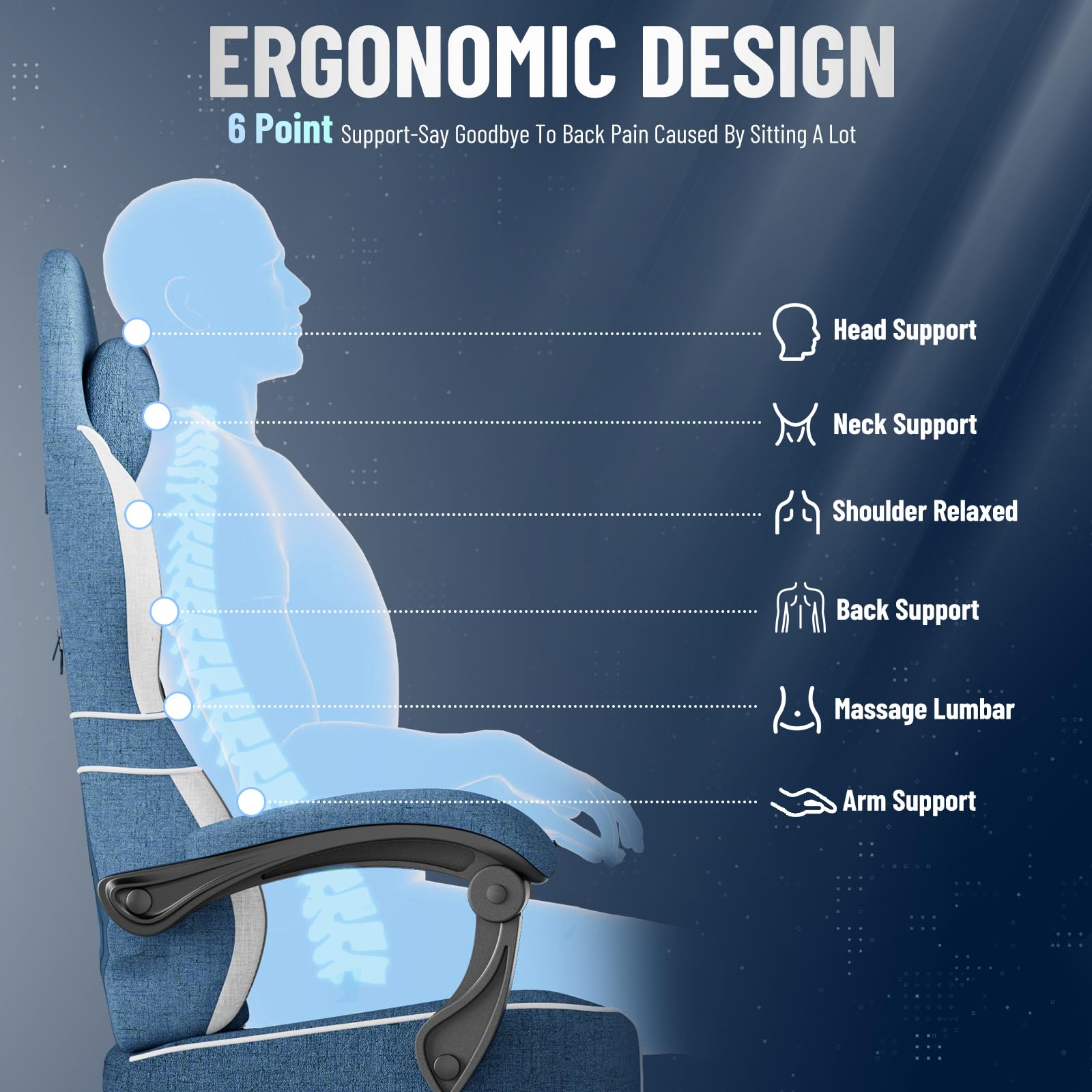 Huracan Silla Gaming con función masajeador, Silla Gamer Oficina con reposacabeza y Soporte Lumbar, sillón ergonómico Gaming con reposapiés, Respaldo Ajustable 90-160°, 150KG, algodón y Lino, Azul