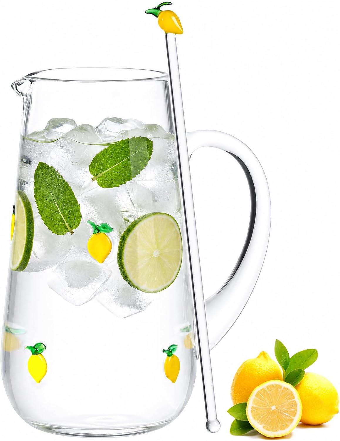 Vesici 38 oz Lemon Icons Glassware Pitcher with Lemon Cocktail Stirrers Lemonade Stand Supplies Large Summer Iced Water Beverage Jug and Handle for Beer Juice Tea Fridge