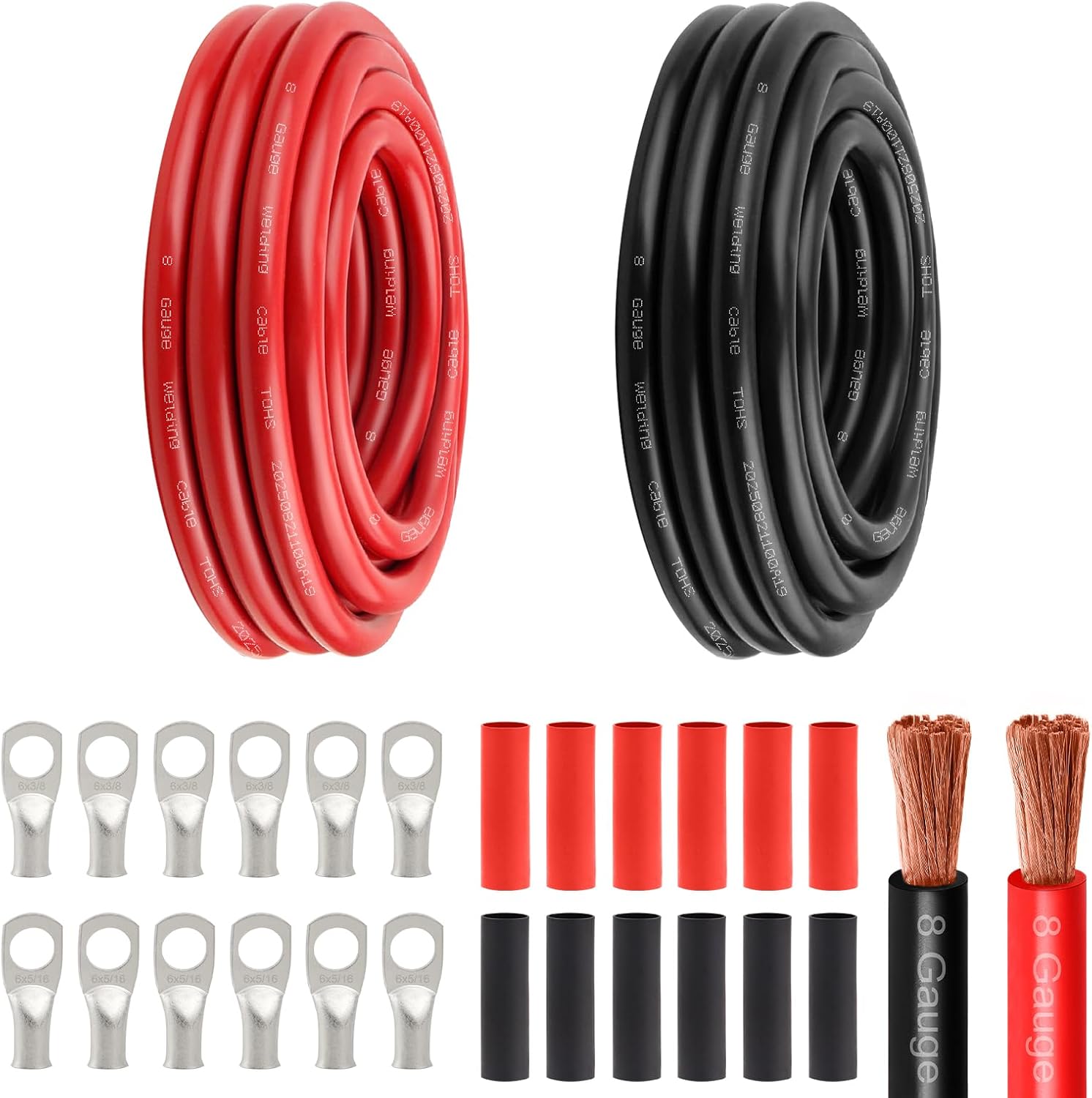 6 Awg Battery Power Cable -10FT Red + 10FT Black 6 Gauge Flexible Welding Cable OFC Copper Wire with Lugs Terminal Connectors and Heat Shrink Tube for Automotive, Battery, Inverter,Boat and Generator