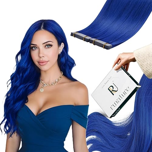 RUNATURE Blue Tape in Hair Extensions Human Hair 16 Inch 25g 25s Blue Hair Extensions Tape in Real Hair Easy to Install Fashion Color Tangle-free Colored Extensions Comfortable for All Day Wear