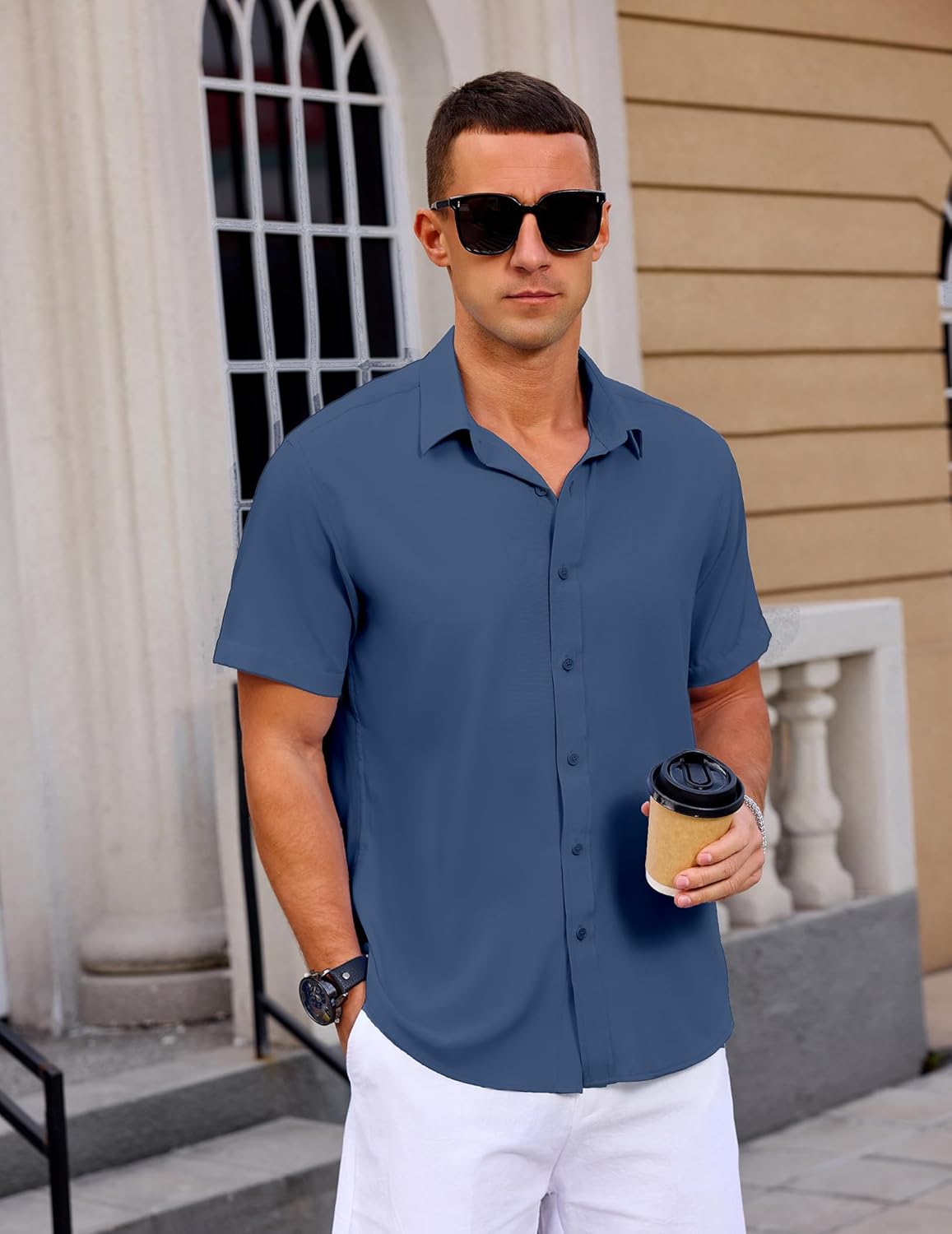 Mens Button Down Short Sleeve Shirt Casual Summer Wedding Untucked Dress Shirts - Image 5