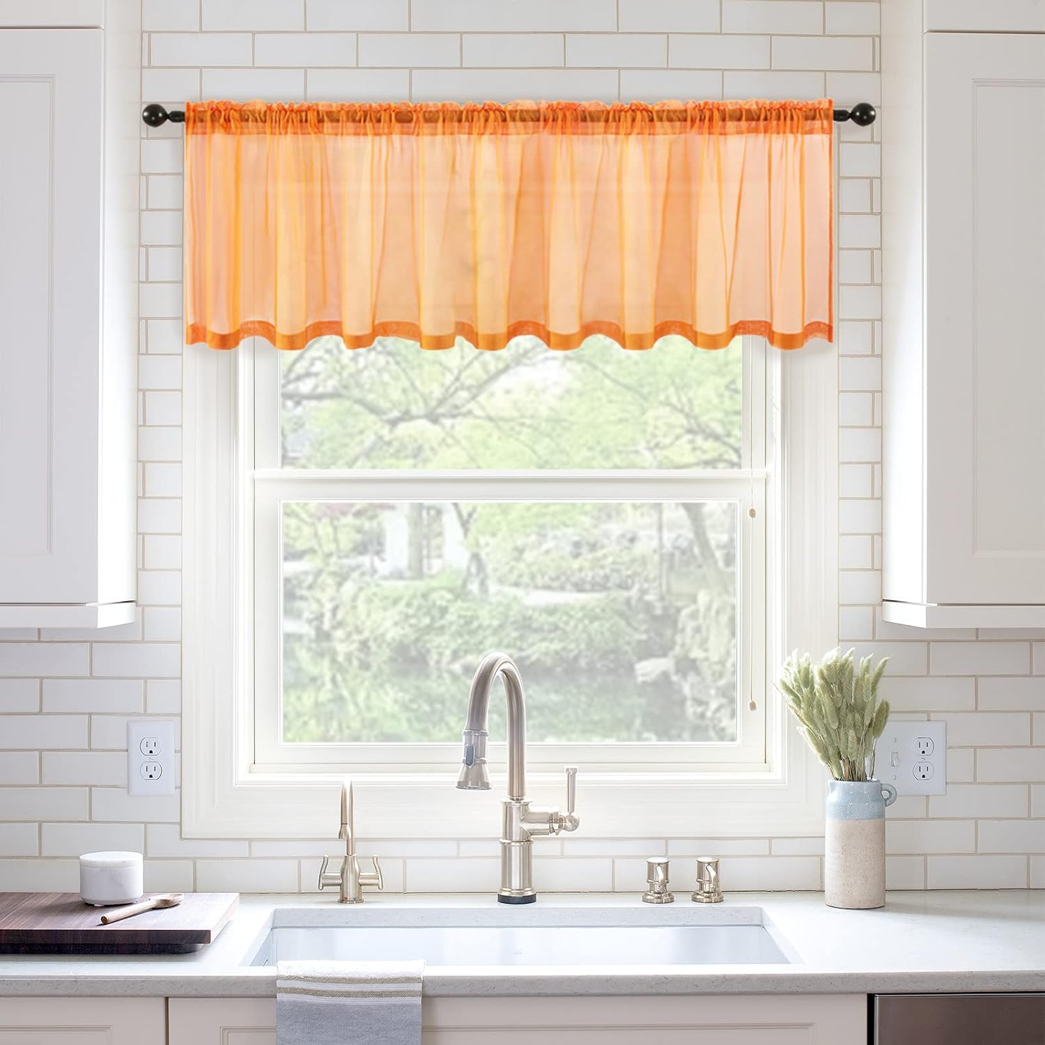 MIULEE Fall Window Valance Half Window Sheer Curtains Rod Pocket Semitranslucent Voile Drapes Extra Wide for Small Window Kitchen Cafe One Panel 54 x 18 Inch Orange