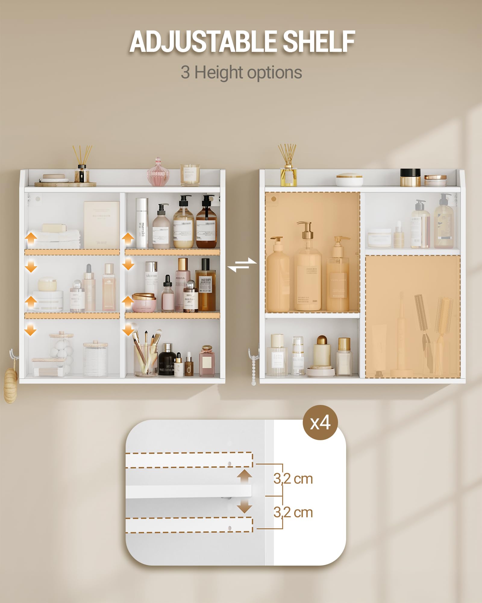 Hzuaneri Mueble de Baño Mural, con Estantes Ajustables, Puertas Correderas y Compartimentos Abiertos, Ideal para Baño, Cocina y Lavadero, 20 x 60 x 60 cm, Blanco BC30203X