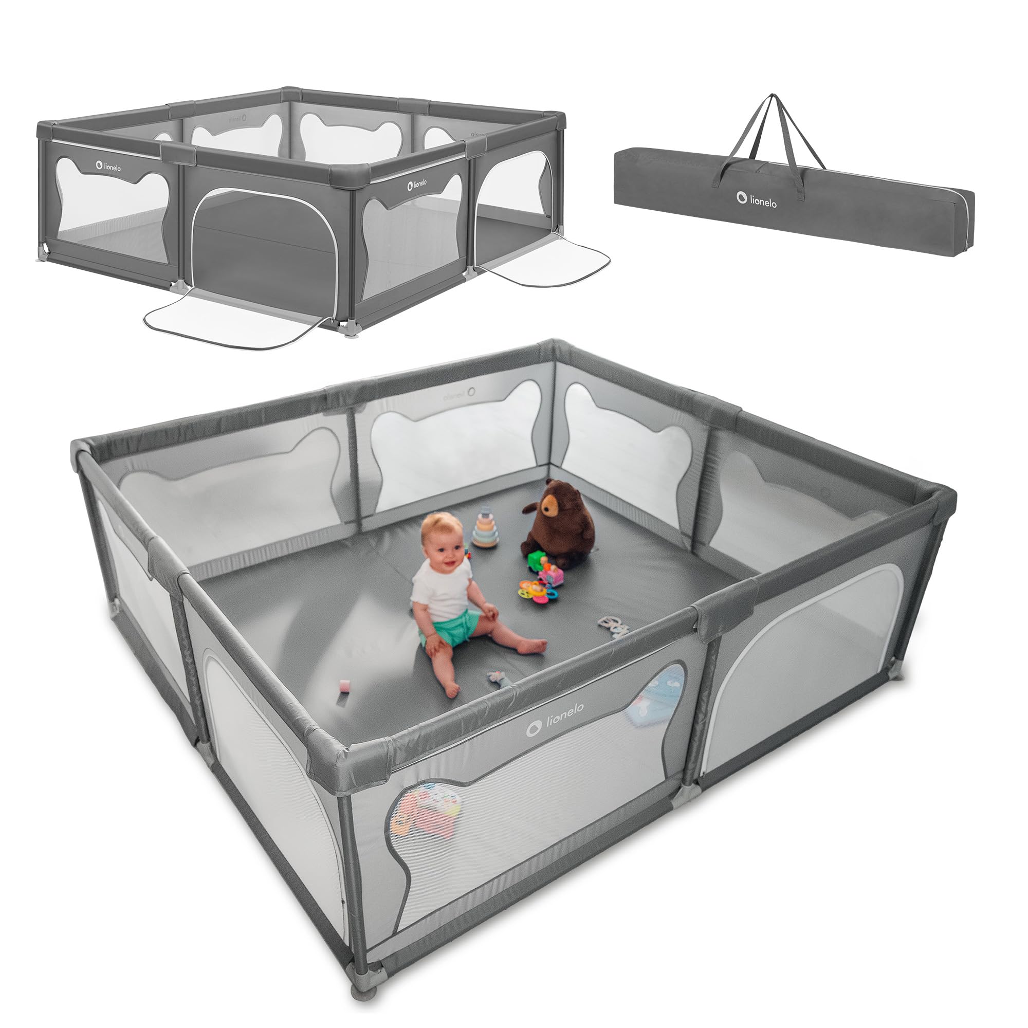 LIONELO WILLOW XL Parc Bébé Pliable, 0-48 mois, Grand Espace de 187 cm x 207 cm x 68 cm, Barrière Parc Bébé en Maille Respirante, 2 Entrées Latérales Zippées (Gris) (Grey)