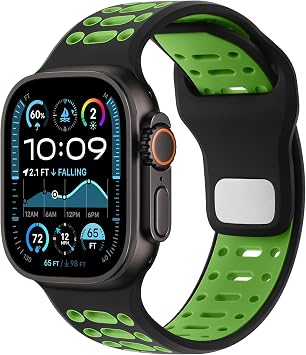 Amizee Compatible Apple Watch Band 49mm 46mm 45mm 44mm 42mm Soft Silicone Breathable Sport Strap Wrist for iWatch Ultra 4/3/2/1 Series 12 11 10 9 8 7 6 5 4 SE3/2/1, Black/Green