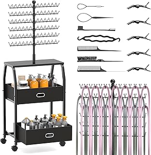 Portable Braiding Hair Rack With Wheels & Storage Drawers,168 Pegs Hair Extension Holder Hanger for Braiding Hair Separator Stand Display,Hair rack with stylist hair braiding tools(black)