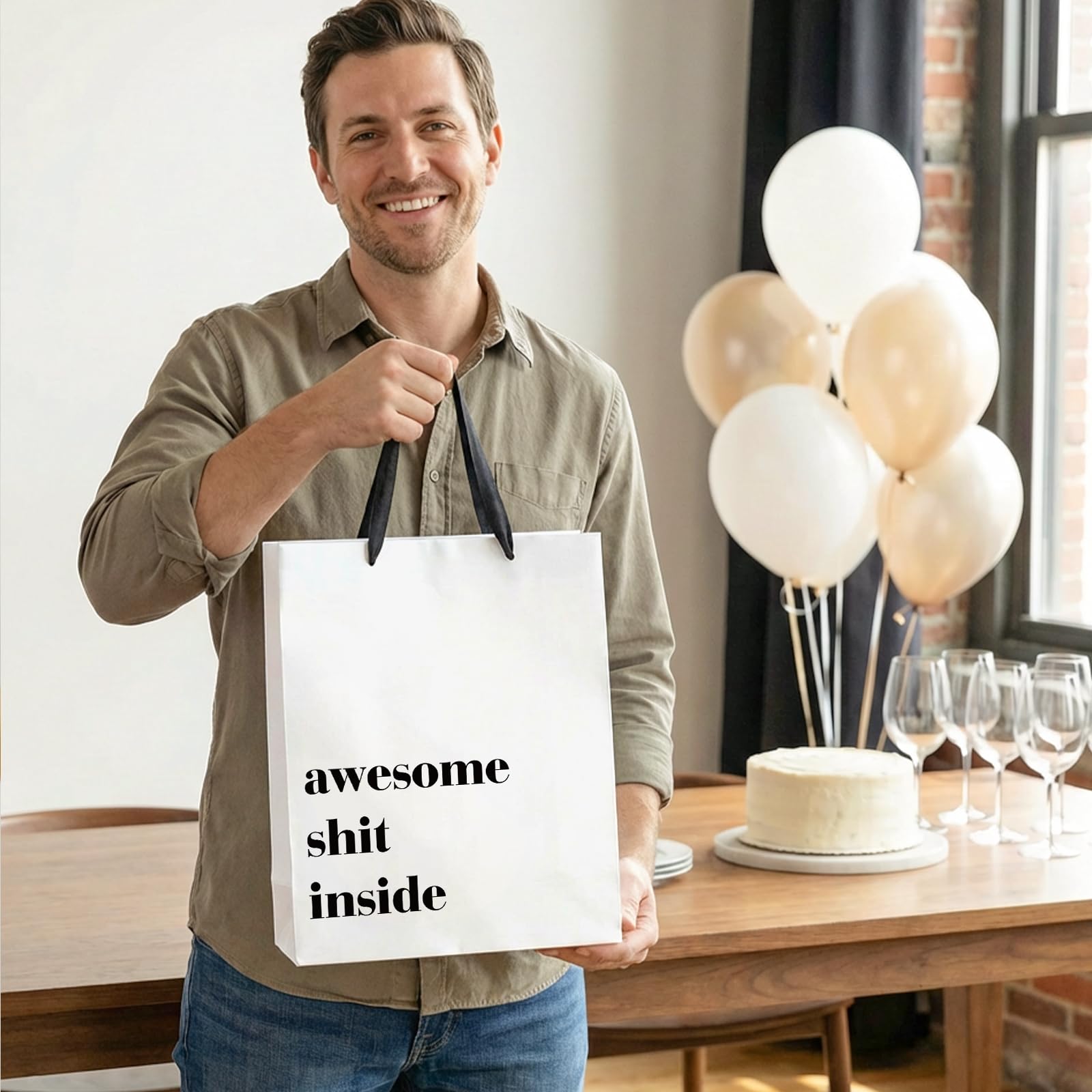 Loveinside 13" Large Funny Gift Bag, Minimalist White Awesome Sh*t Inside Bold Design with Tissue Paper & Card, Adult Humor Gift Bag for Friends, Coworkers, Birthday, Party, 10" x 5" x 13", 1 Pcs