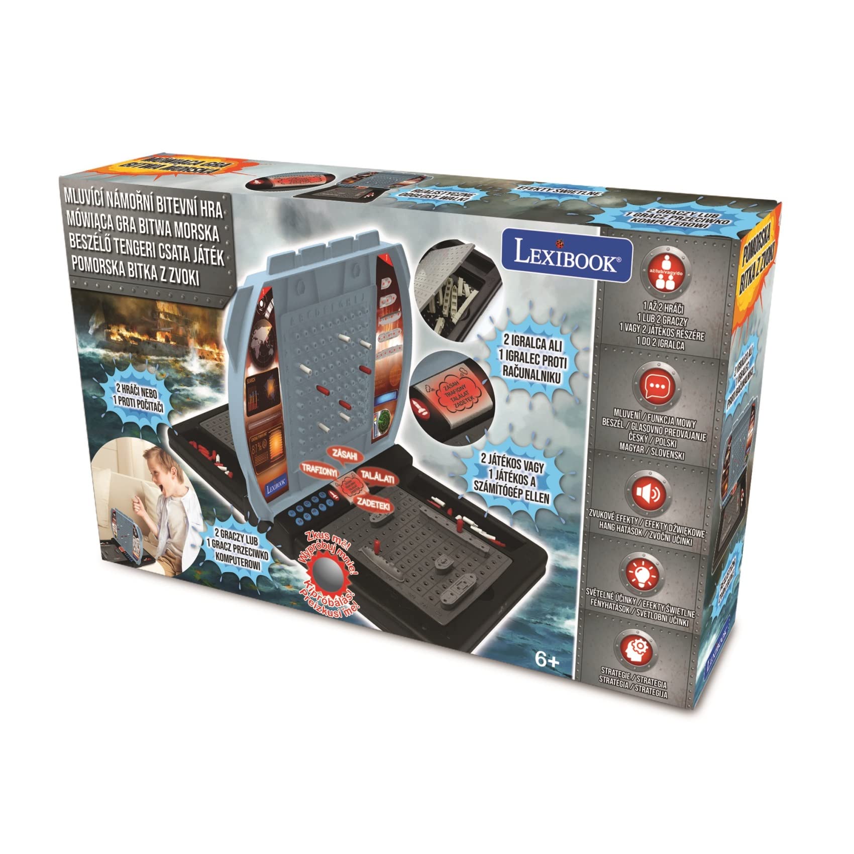 Lexibook, Sprechende Seeschlacht (Tschechisch, Polnisch, Ungarisch, Slowenisch), elektronisches Brettspiel 1 oder 2 Spieler, interaktiv, Licht- und Soundeffekte, Strategie, batteriebetrieben, GT2800i2
