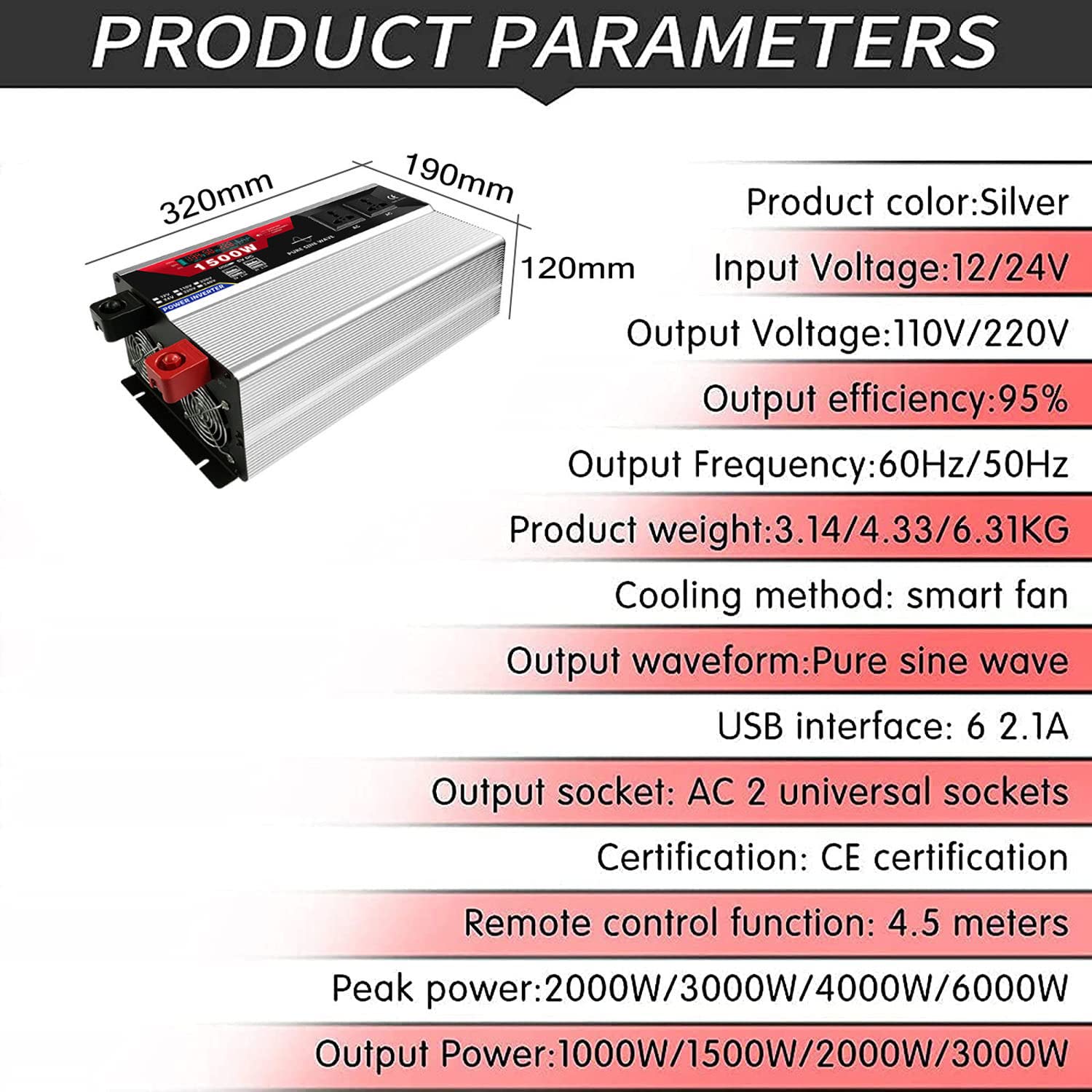 1000W 1500W 2000W 3000W (wyjście ciągłe) czysta fala sinusoidalna samochodowa przetwornica napięcia DC 12V/24V na AC 230V 240V konwerter z 2 gniazdami AC i wyświetlaczem LCD,1500W-12V