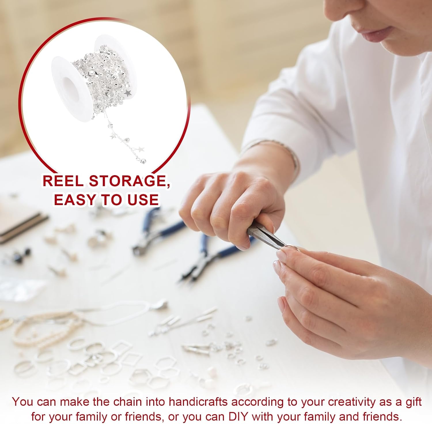 PATIKIL 16.4Ft Star Rhinestone Chain Roll, Jewelry Making Chain Links Bulk with Lobster Claps Jump Rings for Jewelry Making Findings DIY Craft Necklace Bracelets, Silver Tone(White) - Image 7