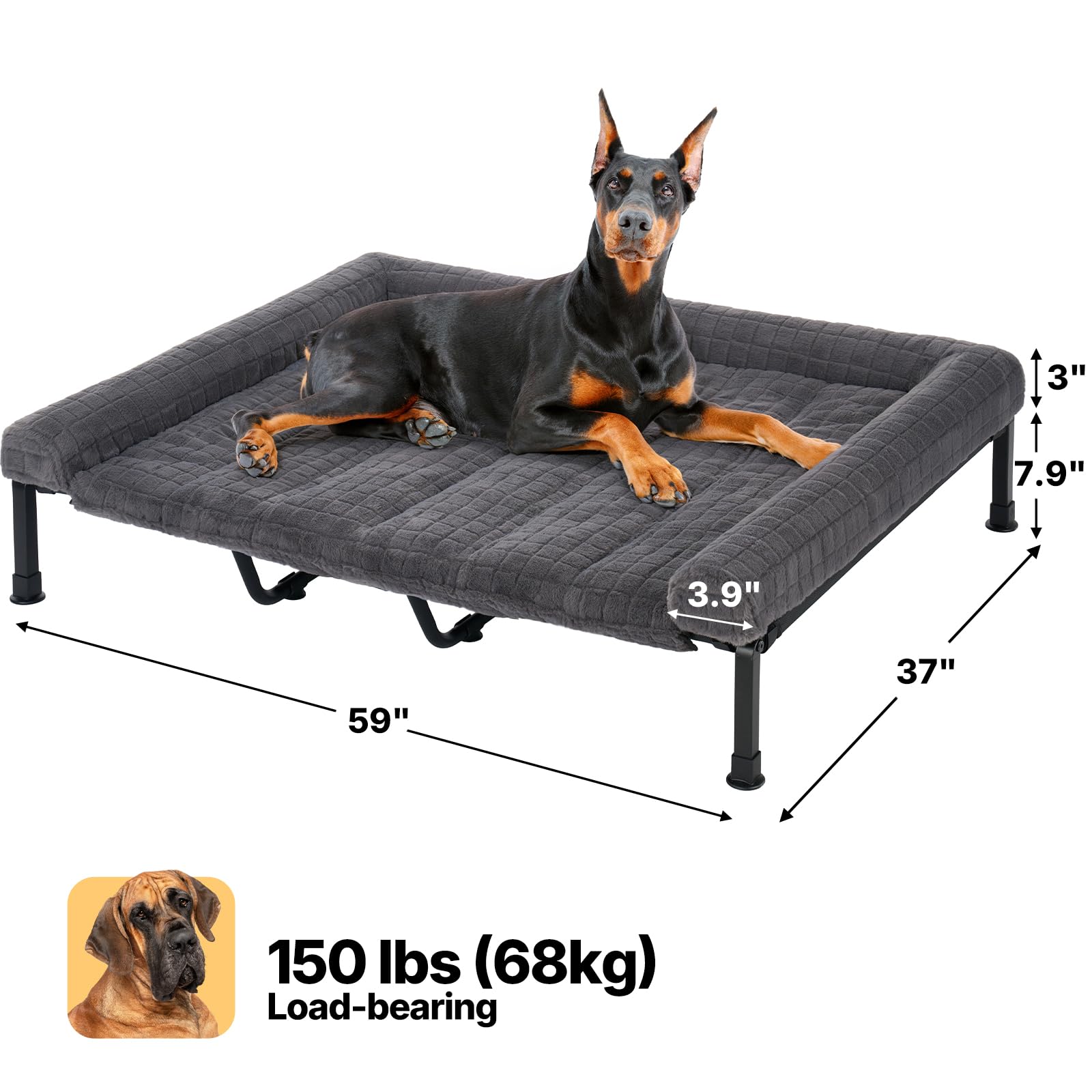 Veehoo Elevated Dog Bed Large Sized with Fluffy Plush Bolster Cushion, Washable Orthopedic Dog Couch Bed, Cooling Raised Pet Cot with Removable Mat, Breathable Mesh, No-Slip Feet, 59 x 37 inches, Grey - image 6