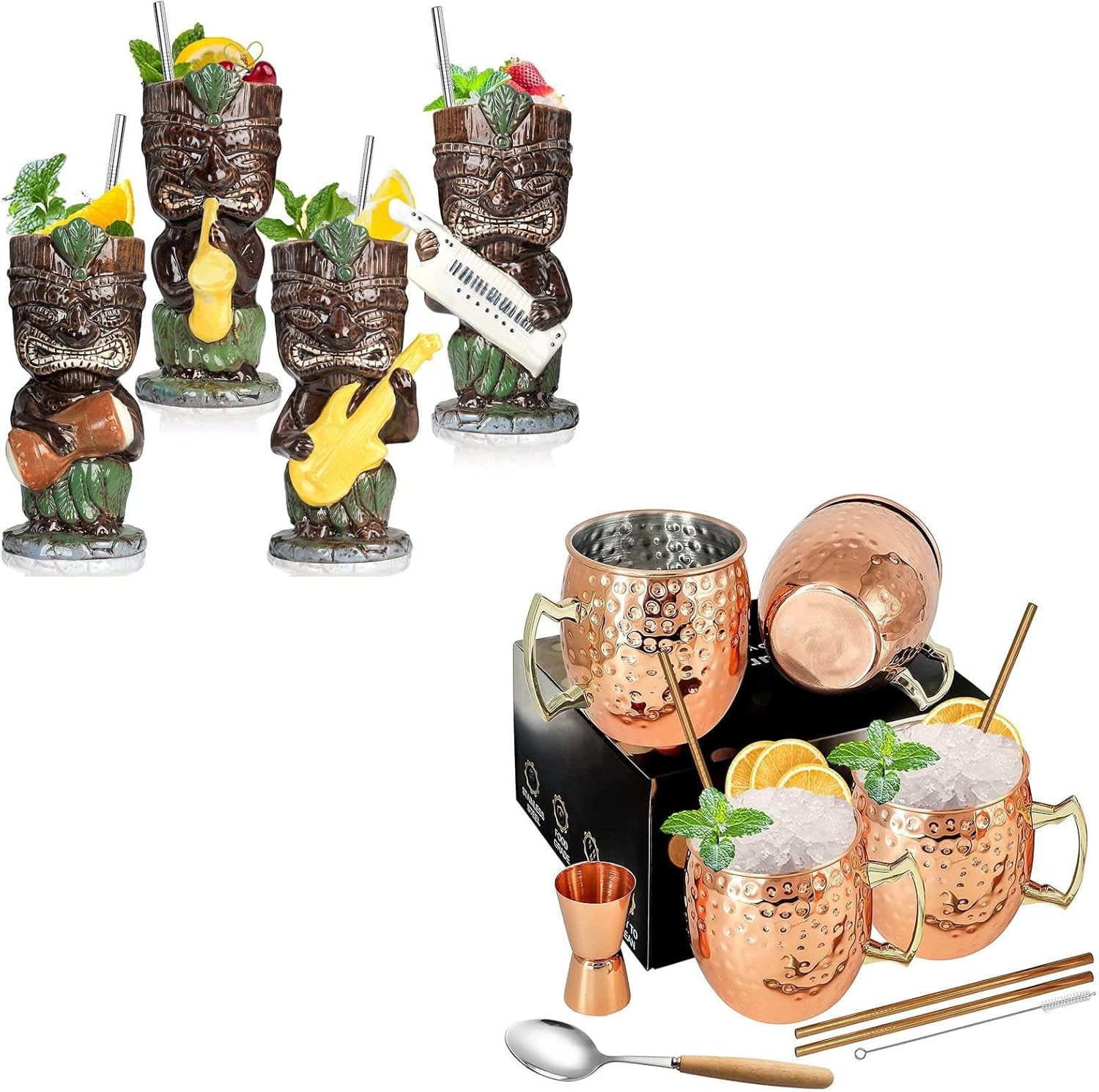 SuproBarware Bundle-Copper Moscow Mule Mugs Set of 4 and Tiki Glasses Set of 4