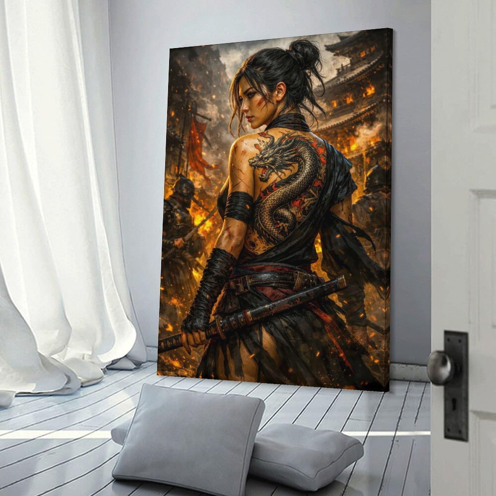 Junmoney Warrior Woman with Dragon Tattoo Canvas Art Print, 08x12inch(20x30cm), for Bedroom, Lounge Or Dressing Area, Canvas Wall Decor for Personal Spaces