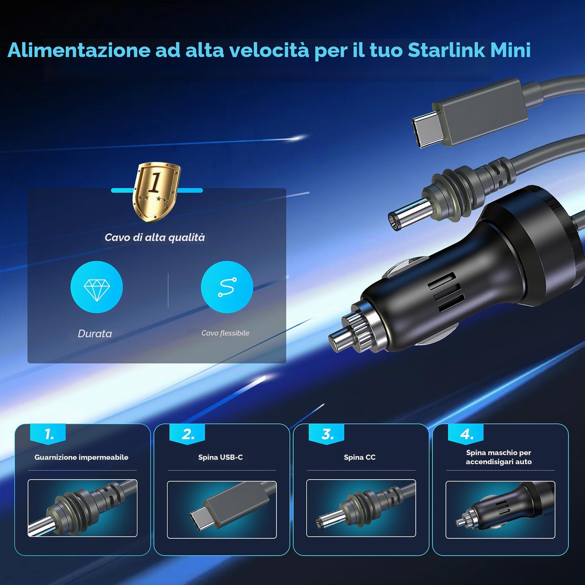 Hugener Starlink, mini cavo 3 in 1 da 3 m, ad alta velocità USB C/caricabatteria da auto/DC a CC, cavo di ricambio per Starlink Mini, prolunga impermeabile, accessori per cavi di alimentazione