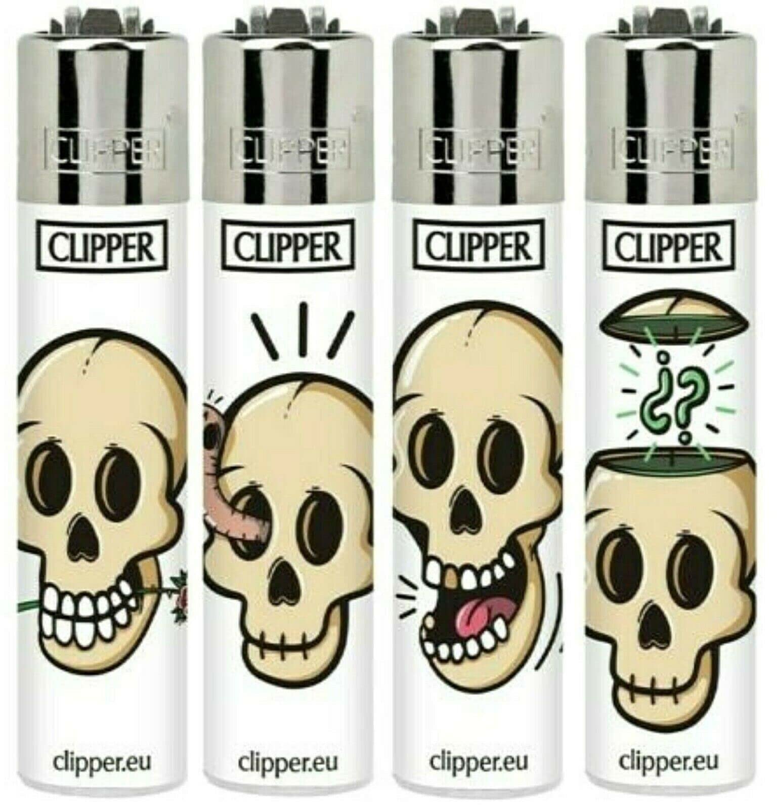 Zactly - Set of 4 Clipper Lighters, Various Assorted Designs, Regular Size Slogan Herb Leaf Weed Leaves Gas Refillable Flint Lighter (Bold Skulls)