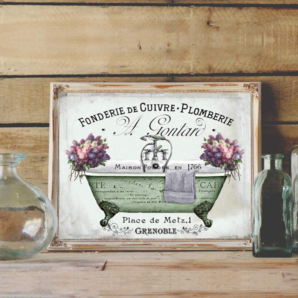 Tableau Déco Toile "Baignoire Et Fleurs" Style Vintage Rétro – Cadre Bois 28 X 28 Cm – Neuf