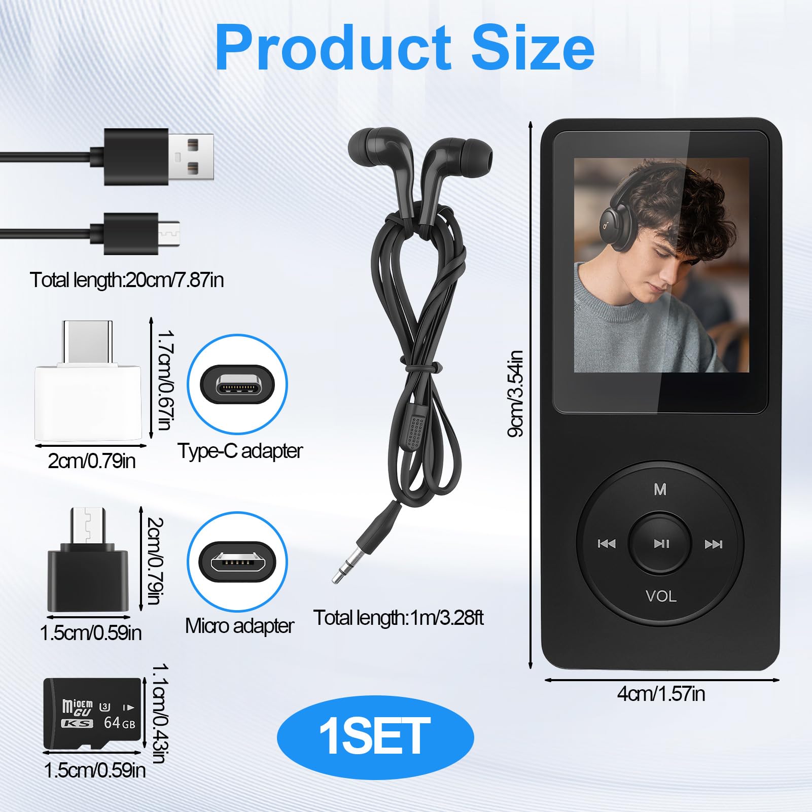 Reproductor MP3 64GB Bluetooth 5.3, MP3 Player Bluetooth con Radio FM y Altavoz, HiFi Música sin Pérdidas, Grabadora de Voz, Ebook, Soporte MicroSD 128GB, Wired Earphones and OTG Adapte