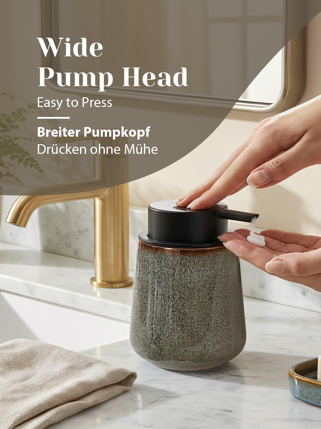 Seifenspender aus Natürlichem Porzellan Spülmittelspender, 350ml Seifenspender Steingut Soap Dispenser für Bad, Küche, Nachfüllbar Flüssigseife Spender mit Groß Pumpenkopf, Grün Braun