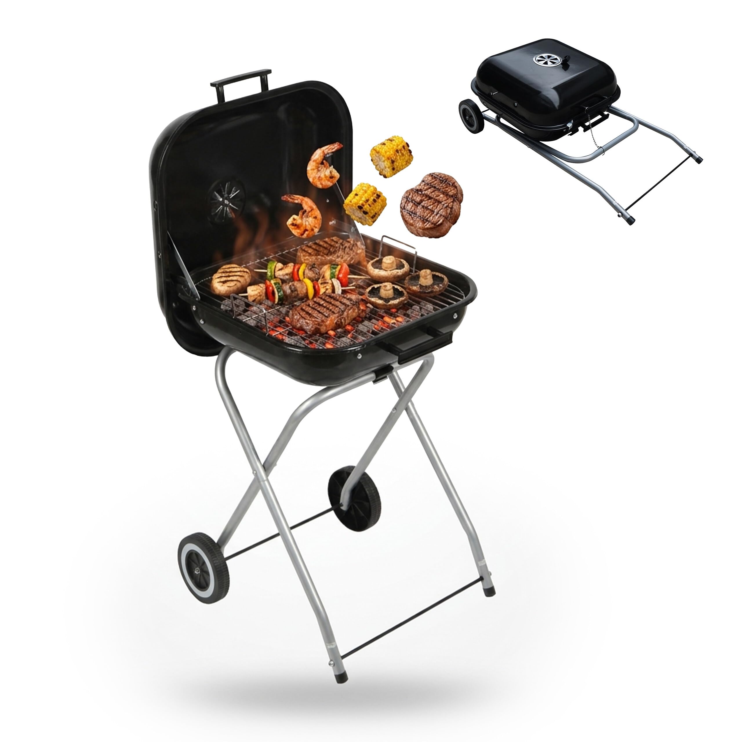 Relaxdays Parrilla portátil de carbón con tapa y ruedas, negra | Plegable para camping, balcón, jardín y parque, de pie