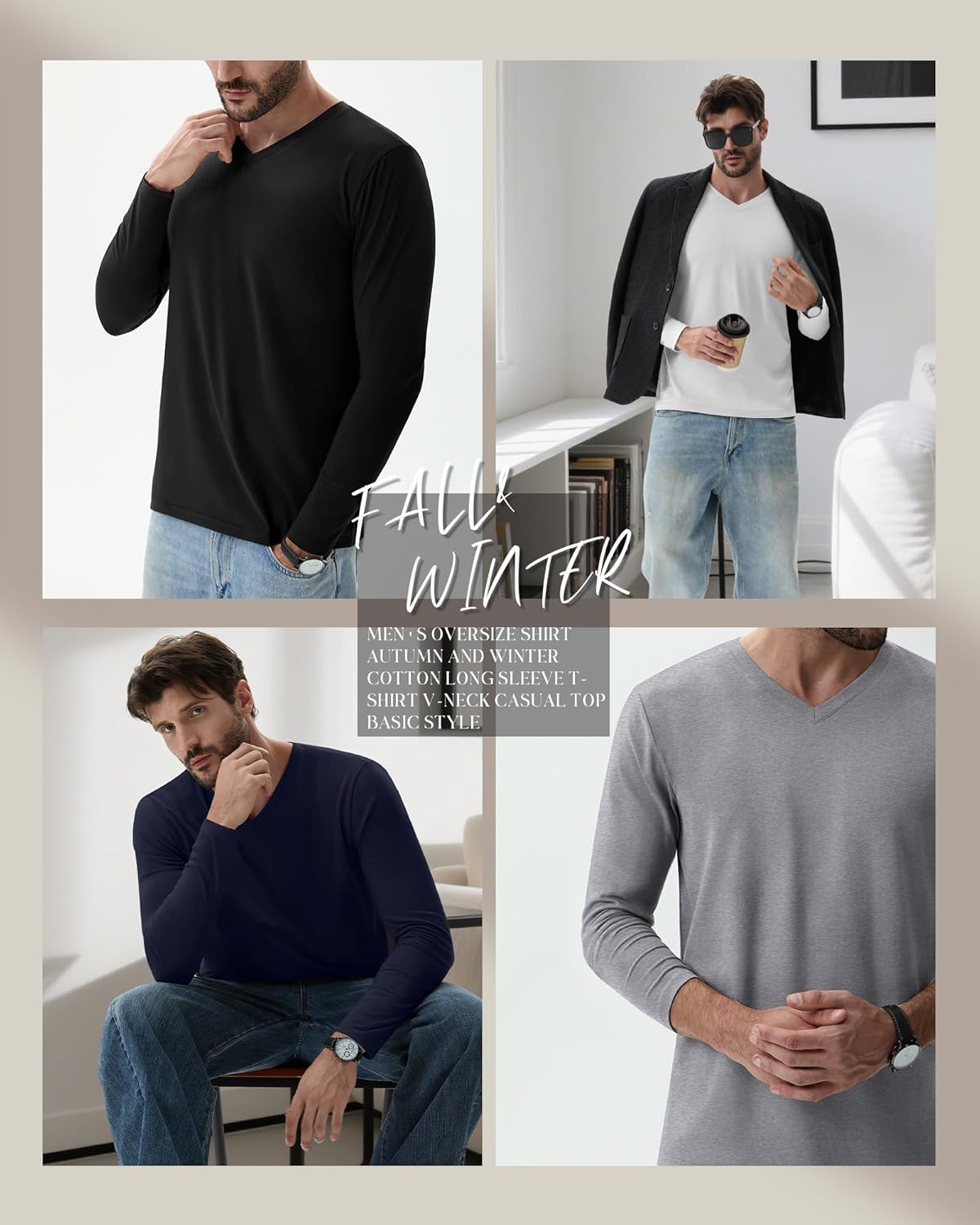 5 Pack Men's Big and Tall Shirts Cotton V Neck L-7xl Long Sleeve Loose Tops Winter Casual Basic Tee Multipack - Image 3