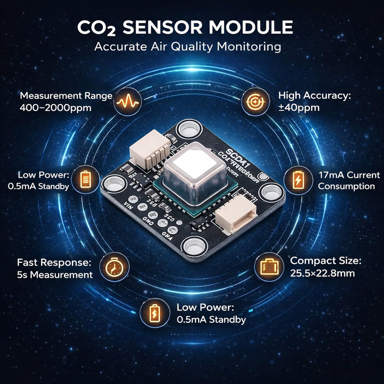 Carbon Dioxide Gas Concentration Sensor Module, CO2 Sensor with Temperature Humidity Detection 400-2000ppm - Wide Measuring Range, Simple I2C Interface, Ideal for Indoor Air