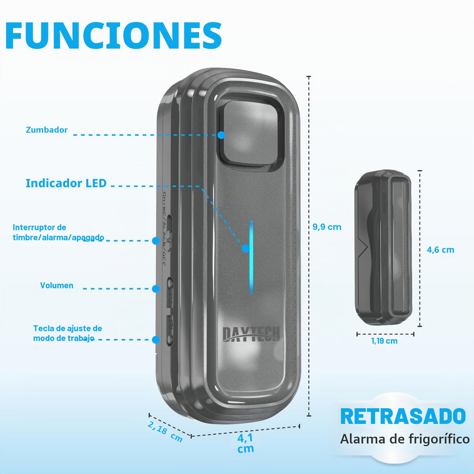 Alarma de puerta de frigorífico DAYTECH con retraso de 1/2/3/4 minutos cuando se abre la ventana, alarma de cierre de puertas, recordatorio, sensor de puerta de congelador o timbre de 0 a 120 dB para