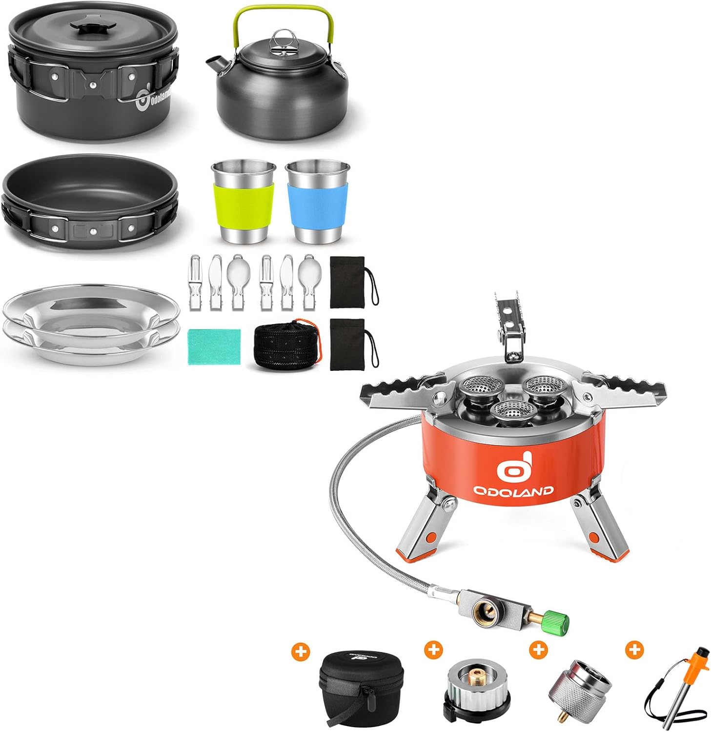 Odoland Bundle - 2 Items 15pcs Camping Cookware Mess Kit Non-Stick Lightweight Pot Pan Kettle Set and 5000W Portable Camping Stove