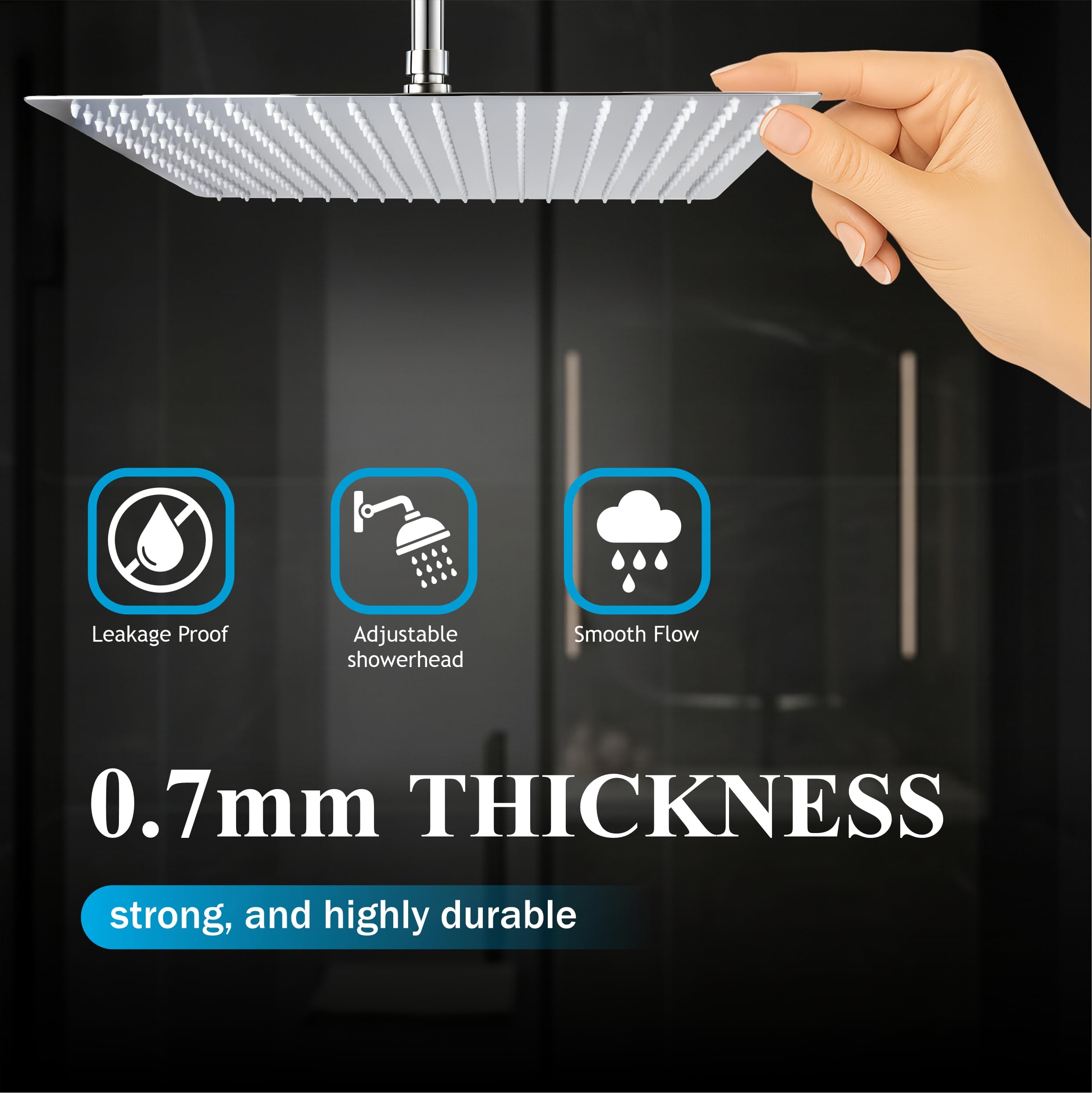 Fossa Ultra 16x16 Inch 1-YEAR WARRANTY 304 Stainless Steel Rain Shower Head – Overhead Shower, High Pressure with 360° Rotation, Self-Cleaning Silicone Nozzles (Chrome Finish) 1