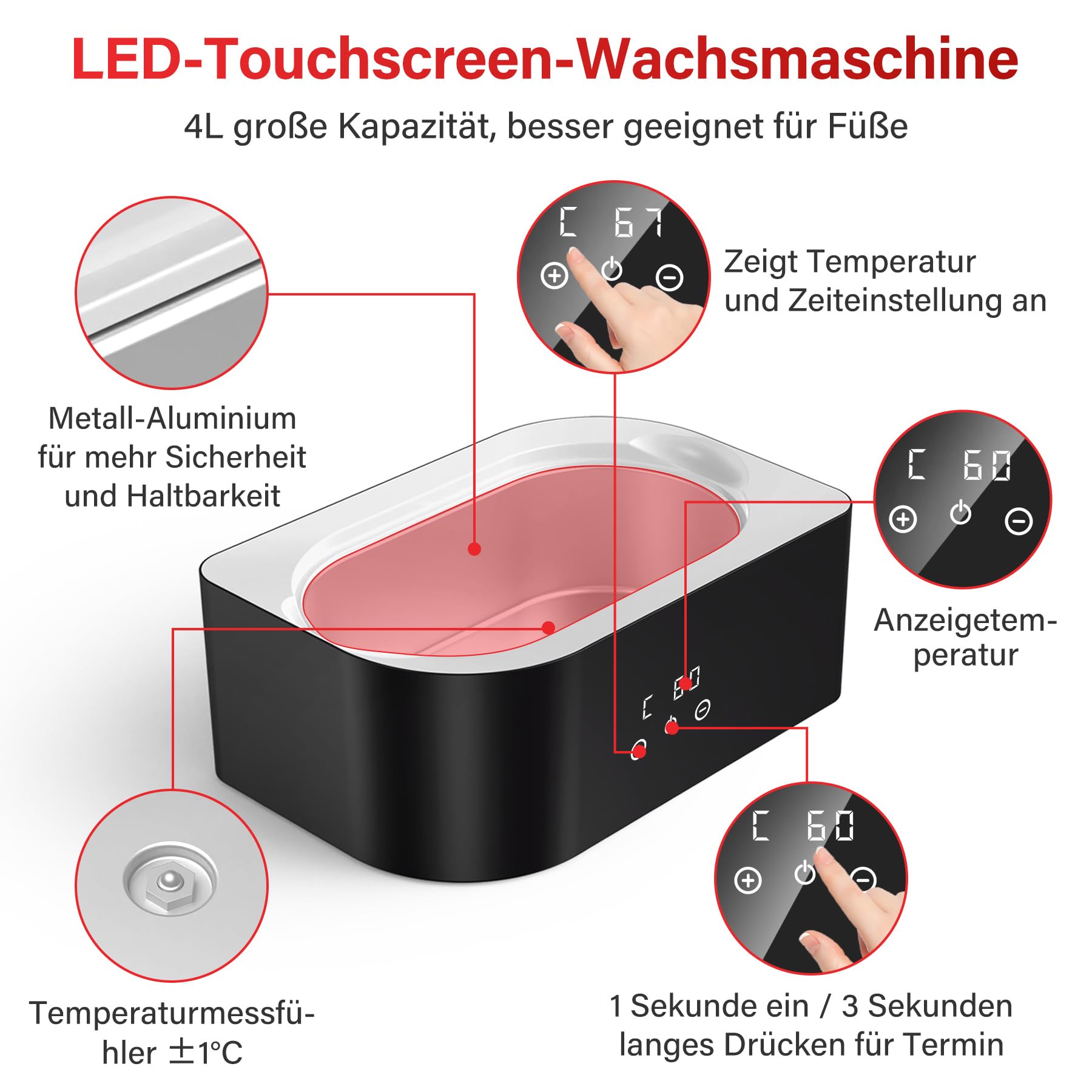 4L LED Bagno di Paraffina per Mani e Piedi con Accessori 1350g Cera, Bagno di Cera Elettrica con Cera di Paraffina con Tempo di prenotazione,Bagno di Cera di Paraffina Mani 200W