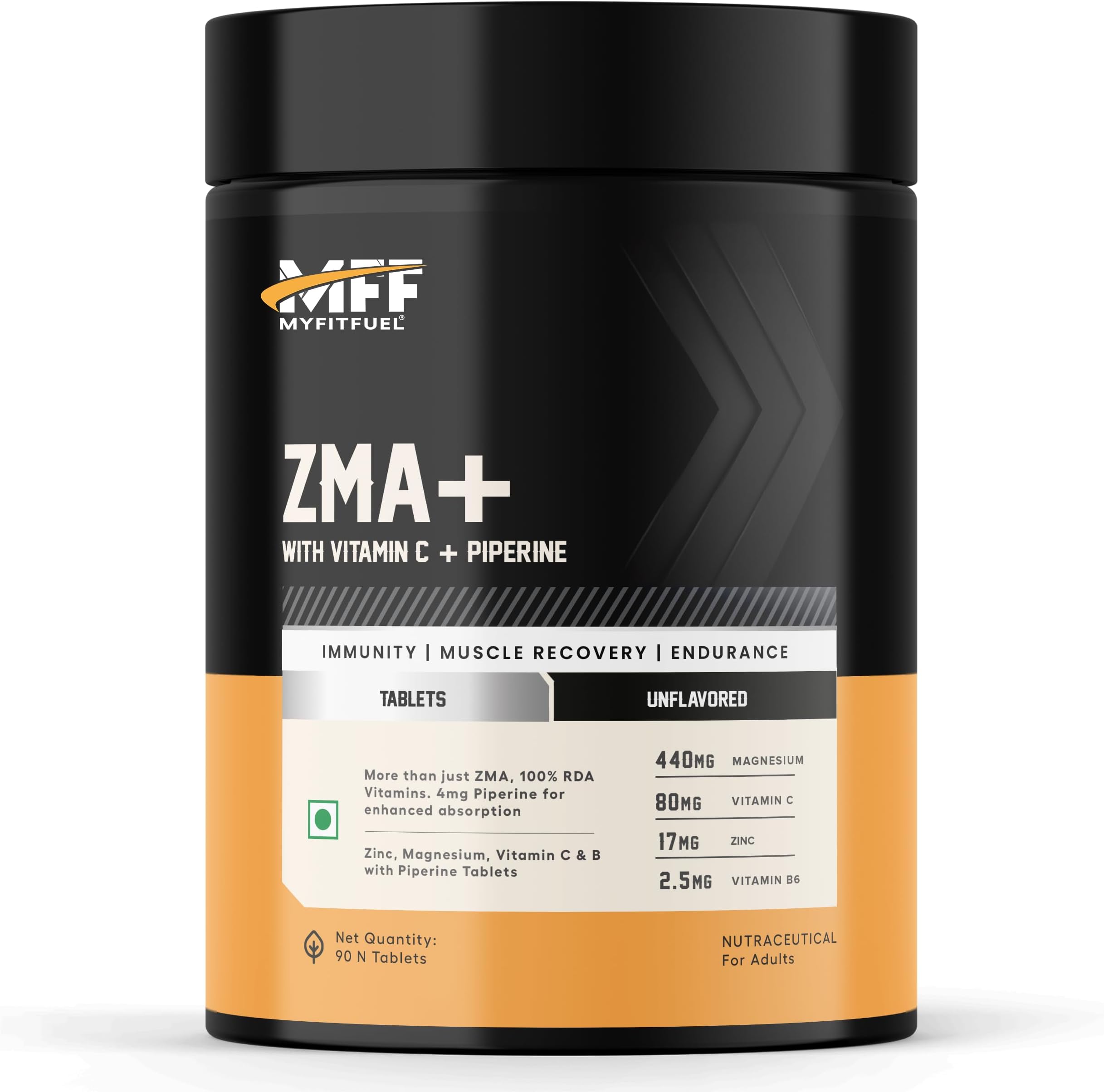 MyFitFuel ZMA+ (90 Tablets) (Zinc, Magnesium Aspartate, Vitamin B6, Vitamin C & Piperine 95%) | ZMA Supplement For Men & Women. HIgh Absorption, For Muscle Recovery, Sleep & Strength | Reduces Cramps & Fatigue