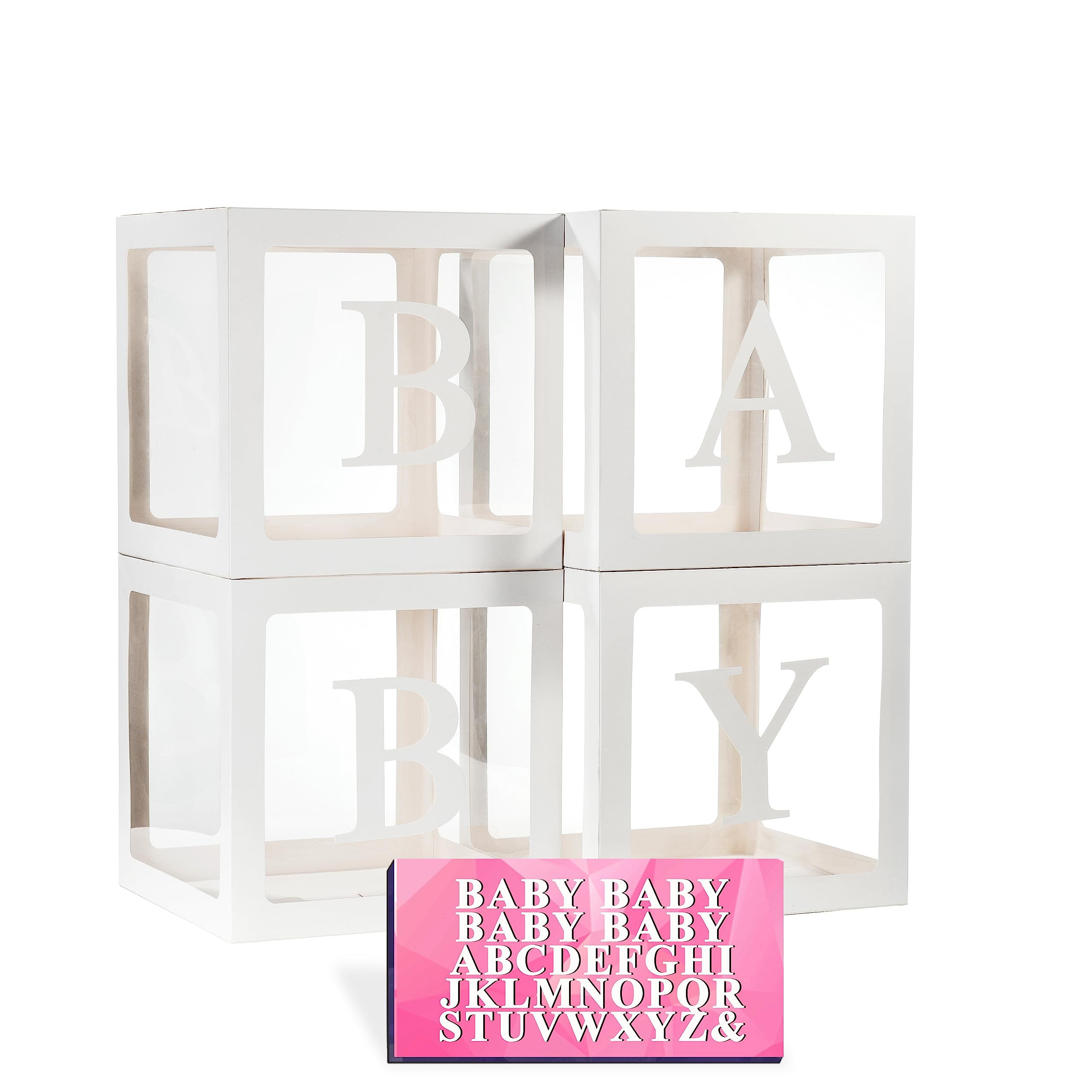 Photo 1 of Baby Boxes with Letters for Baby Shower, 4 Transparent Balloon Boxes with 4 Sets BABY Letters & 26 Letters for Gender Reveal Decorations Birthday Wedding Party Grad Bridal Shower Backdrop, White White Box 4 PCS
