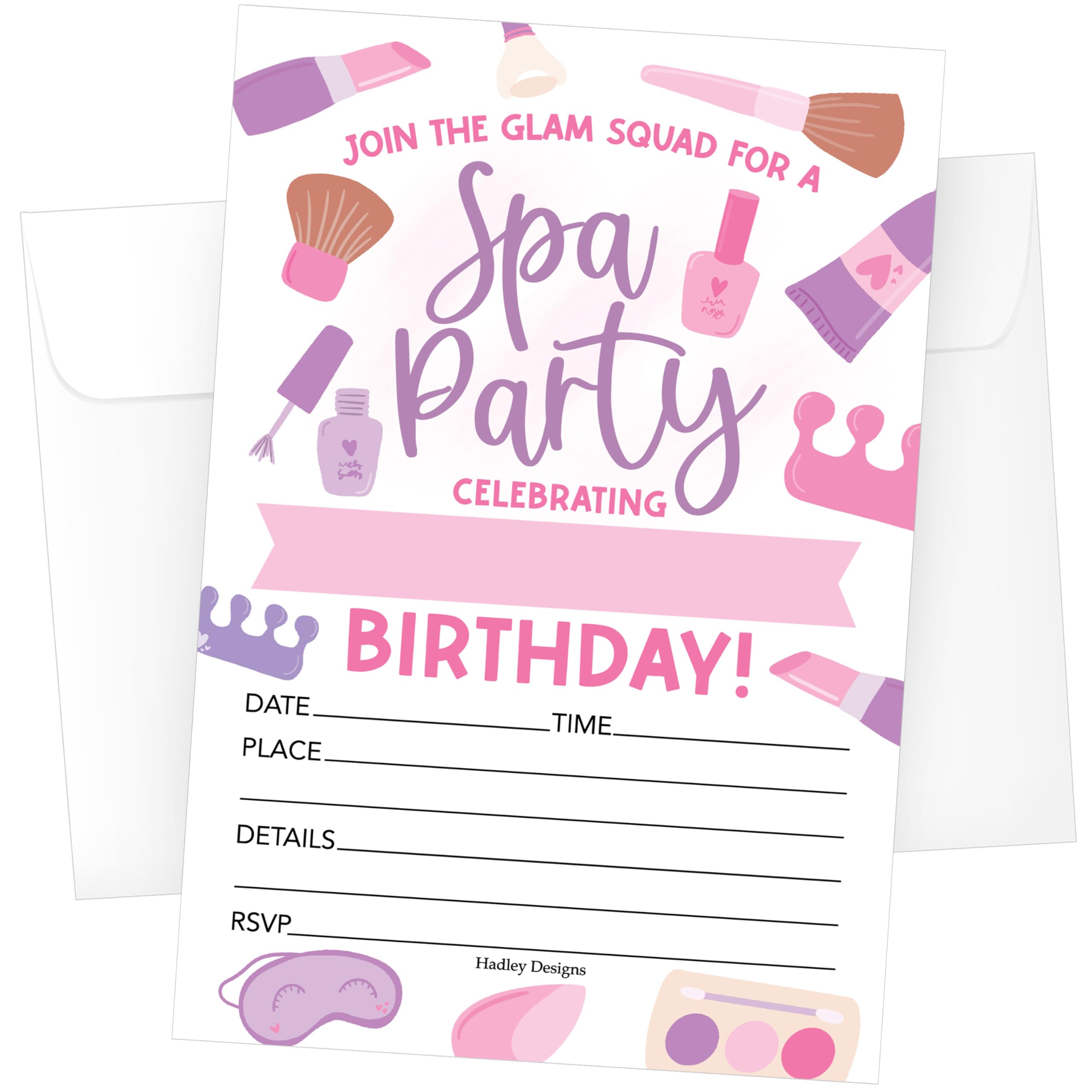 Hadley Designs Kids Birthday Invitations Girl Spa Day - 15 Spa Birthday Party Invitations For Girls with Envelopes, Glam Invites For Girls, Pink Party