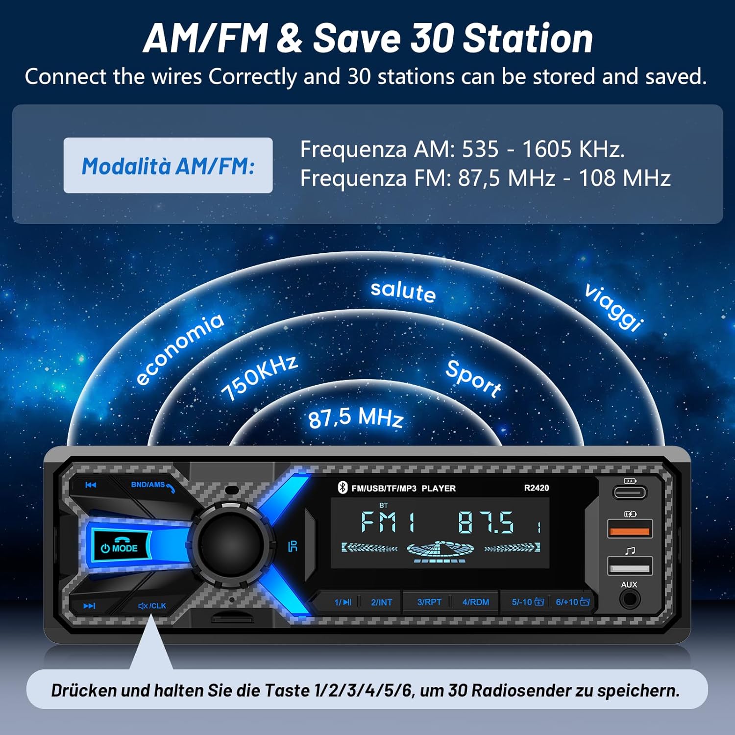 Car Radio Bluetooth with Type-C Port, Wistrue FM/AM Single Din Car Stereo Radio with Bluetooth Hands-Free System MP3 Player/2 USB/AUX/SD/DSP(No CD DVD Player)