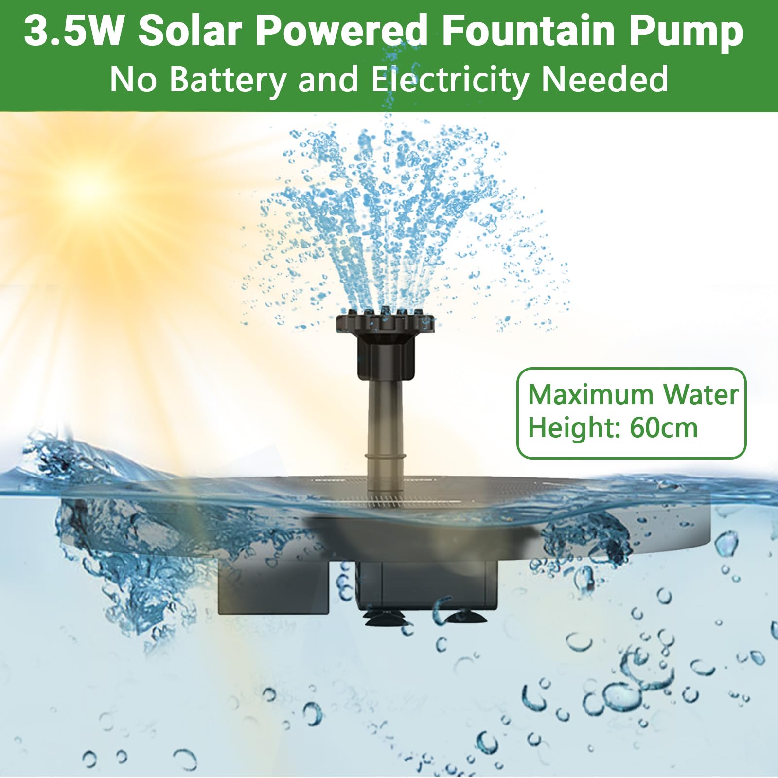 Solar Water Fountain, 3.5W Solar Fountain Pump, Solar Powered Water Fountainwith 6 Nozzles and 7 Colorful LED Lights - Image 2