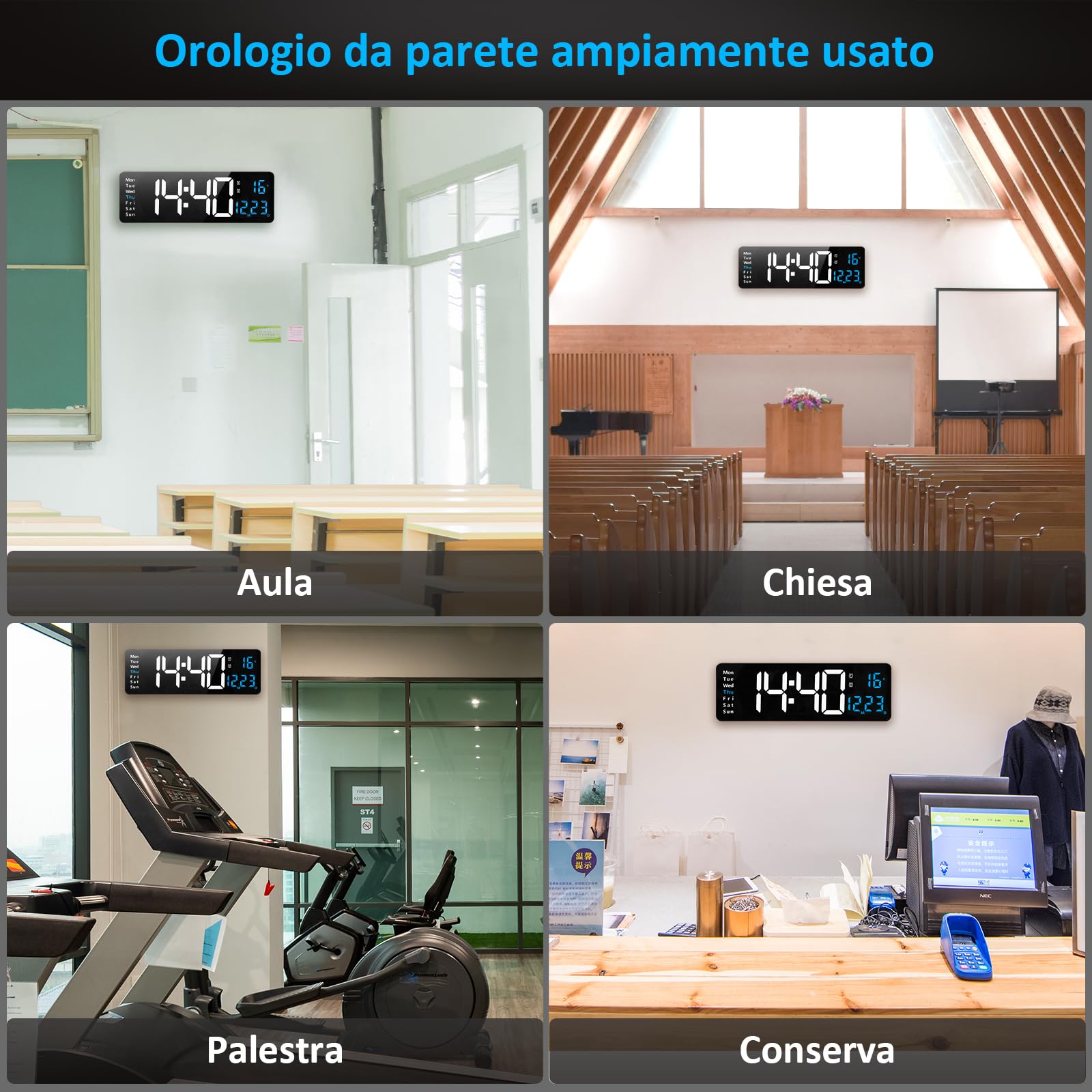 Orologio da parete digitale grande display, 16" orologio digitale con data di ora Temp settimana, timer, 12/24Hr, auto-dimming, per soggiorno/aula/palestra/chiesa/negozio/garage, blu