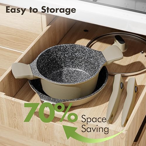 Miniatura 5 de Wodillo Juego de utensilios de cocina antiadherentes, juego de 9 ollas y sartenes, mango desmontable, juegos de utensilios de cocina de inducción de
