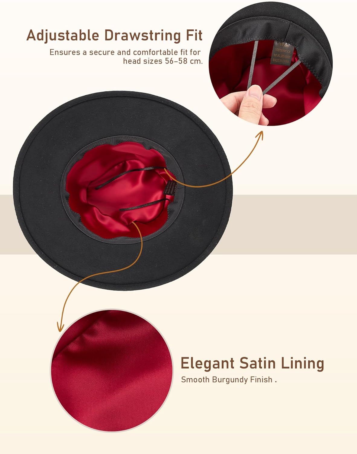 Fedora Hats for Women, Wool Felt Wide Brim Panama Style with Band, Adjustable Drawstring Fit, Dress Church Hat for Men - Image 4