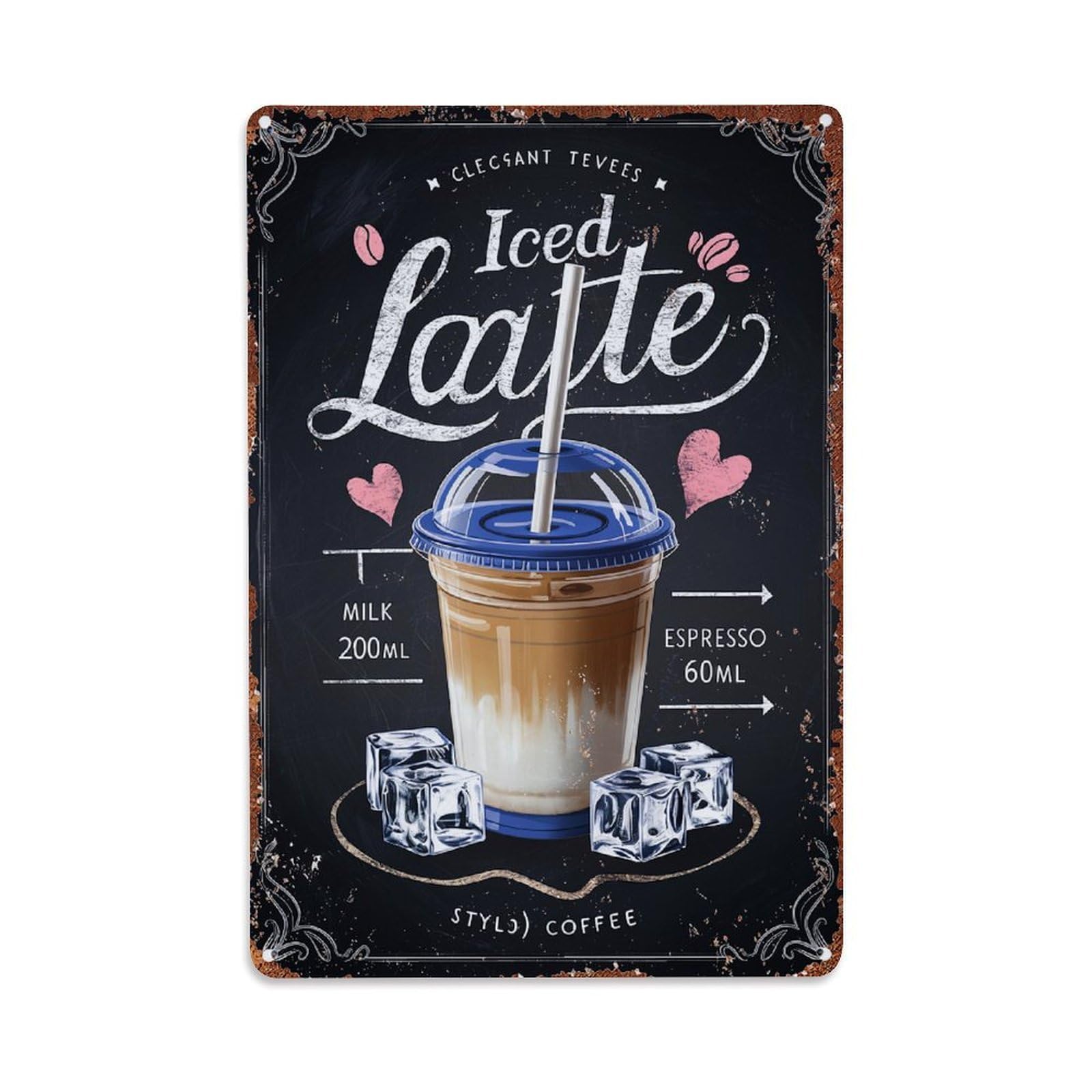 Iced Latte Coffee Drink Art Retro Metal Tin Sign, Vintage Decor Art Poster for Bar, Home, Man Cave, Kitchen, Laundry Room Gift 8x12Inch